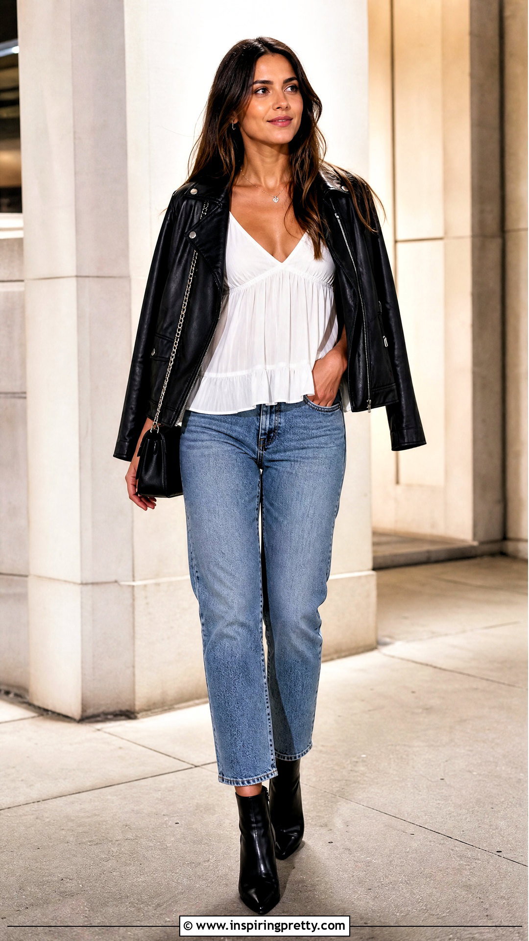 Hollister White Flowy Top With Faux Leather Jacket And Jeans - 25 Hollister White Flowy Top outfit ideas