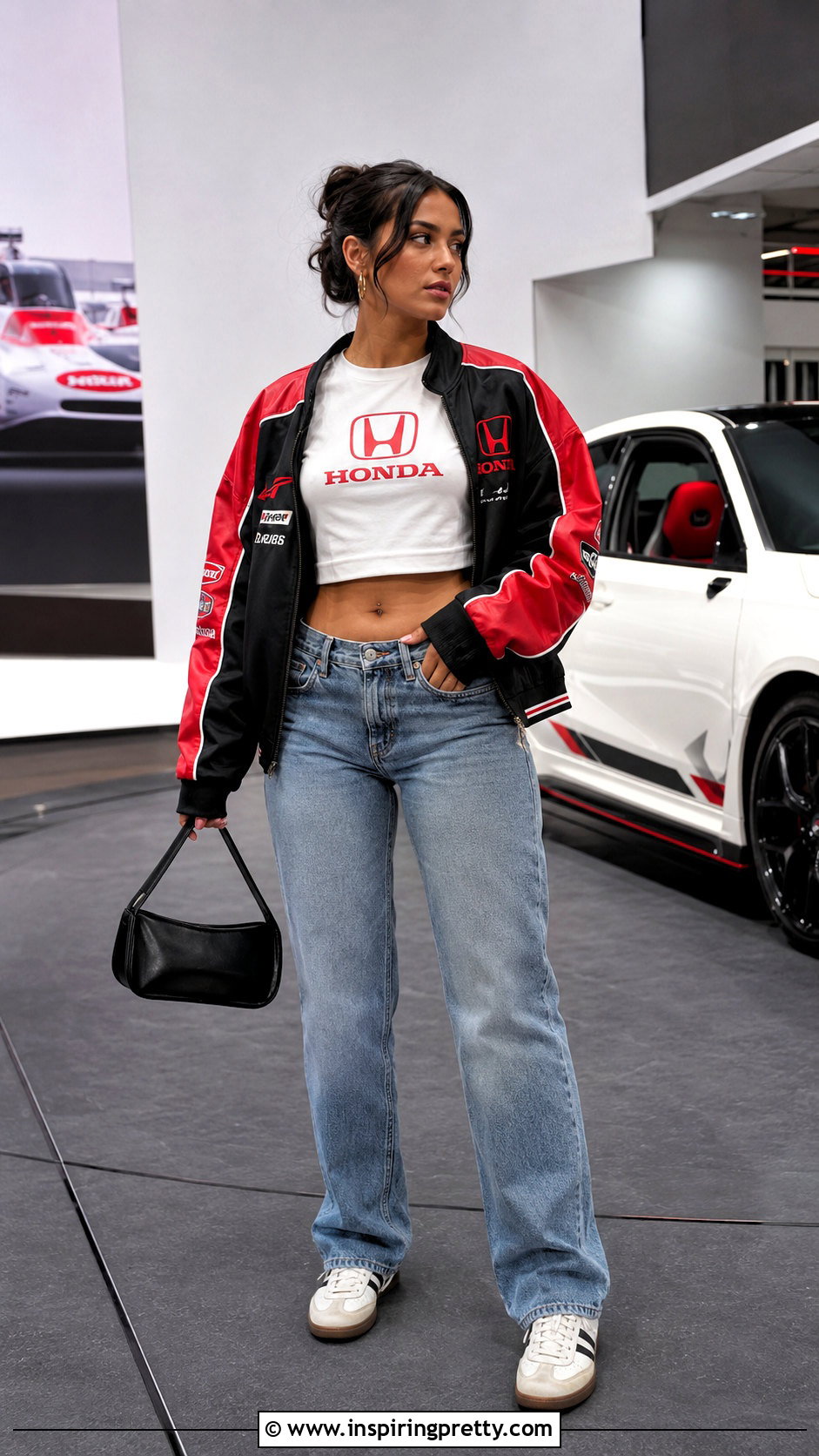 Honda Crop Top With Racing Jacket And Jeans - 20 honda crop top outfit ideas