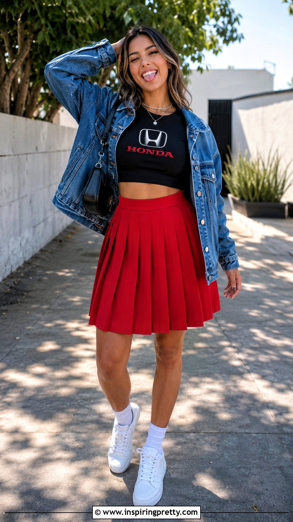 Honda Crop Top With Red Pleated Skirt - 20 honda crop top outfit ideas