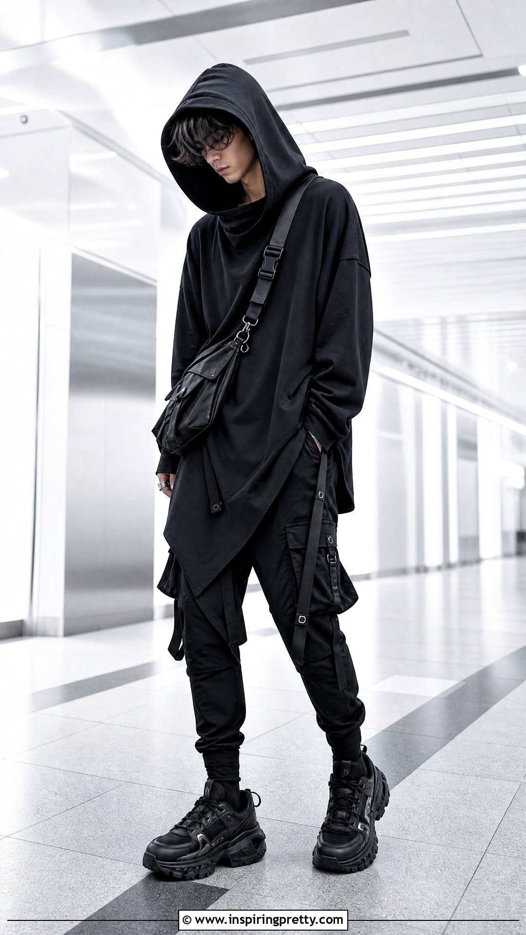 Hooded Goth Top With Techwear Cargo Pants - 25 goth tops men