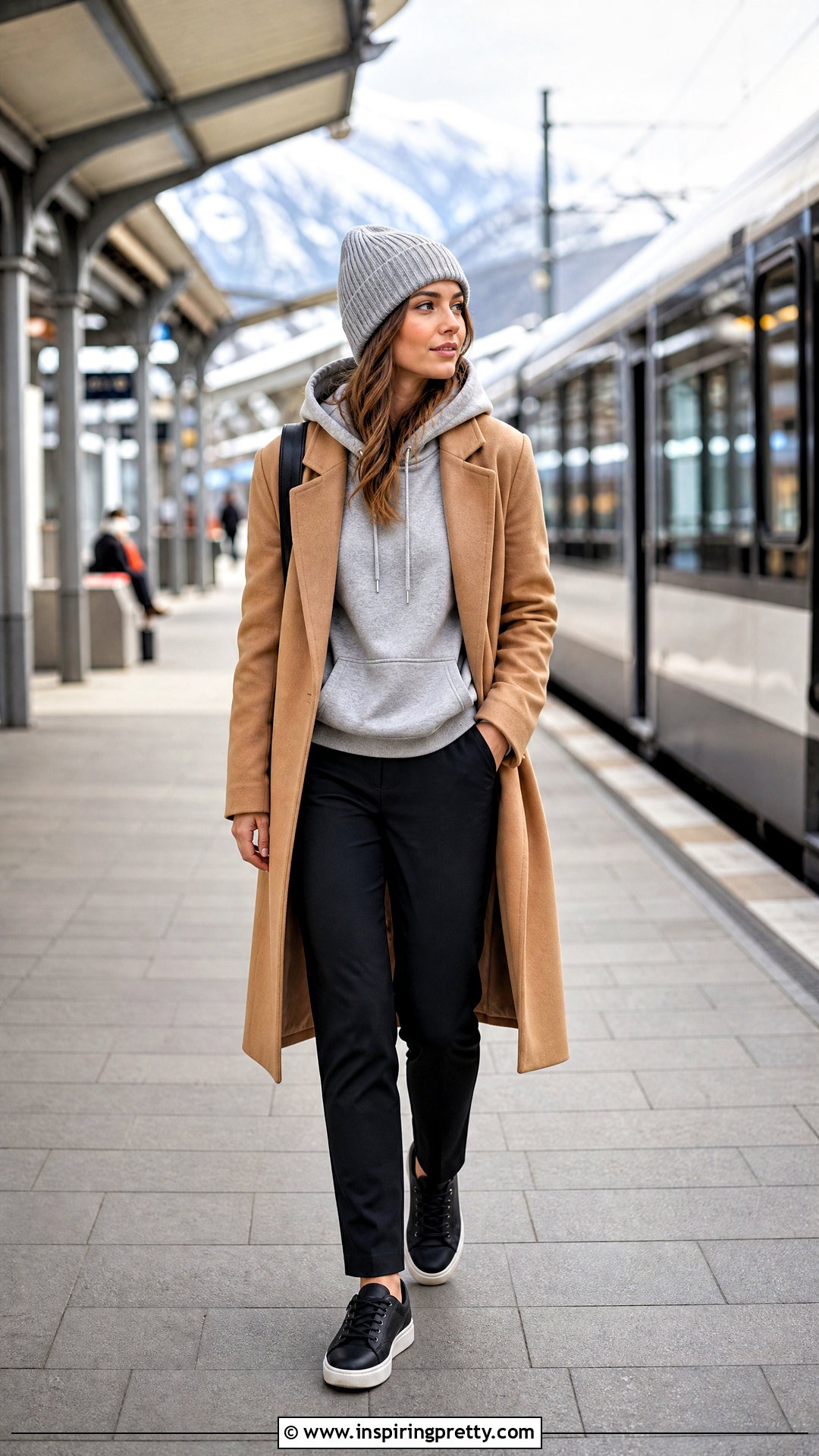 Hooded Sweatshirt And Wool Coat Outfit - 50 winter tops outfit ideas