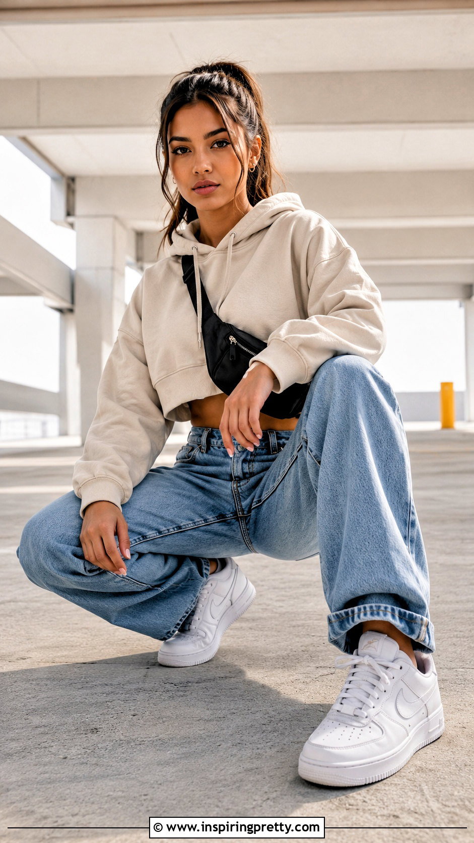 Hoodie And Loose Jeans Crouching Pose - 50 jeans top photoshoot poses