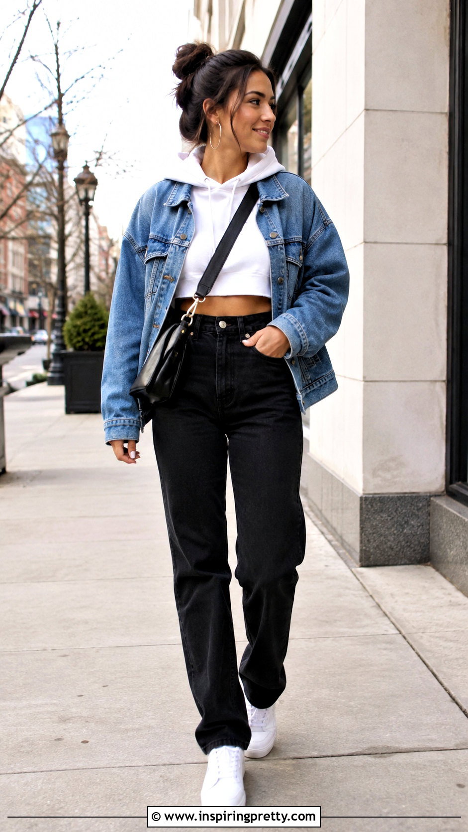 Hoodie Crop Top With a Denim Jacket - 50 hoodie crop top outfit ideas