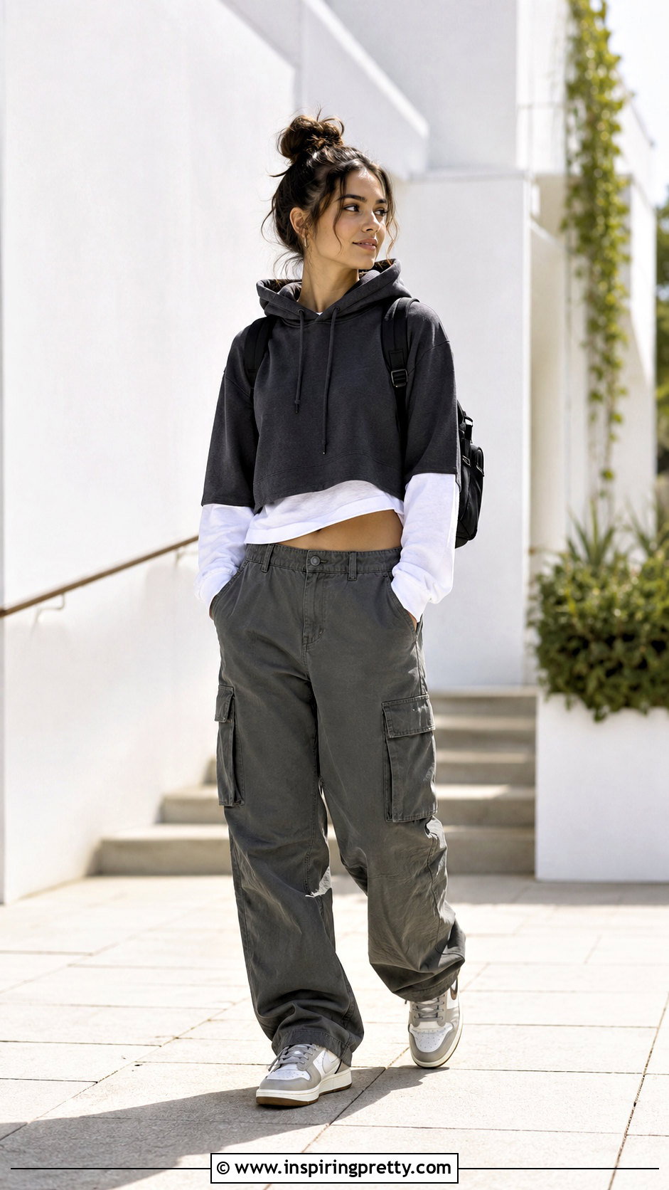 Hoodie Crop Top With a Long Sleeve Tee - 50 hoodie crop top outfit ideas