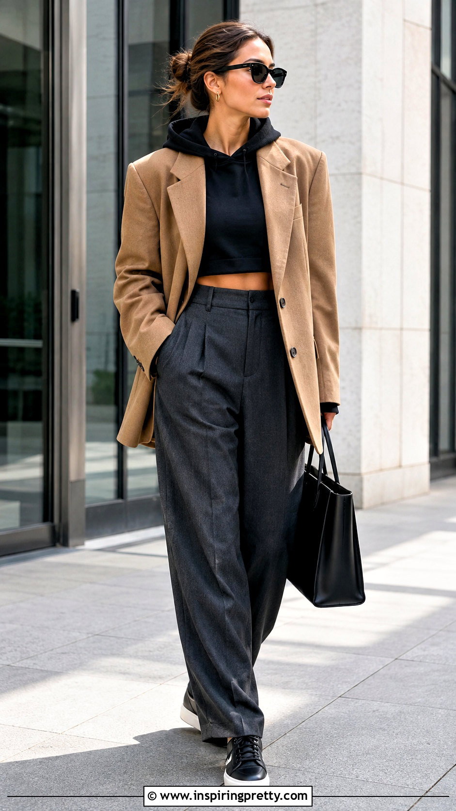 Hoodie Crop Top With an Oversized Blazer - 50 hoodie crop top outfit ideas