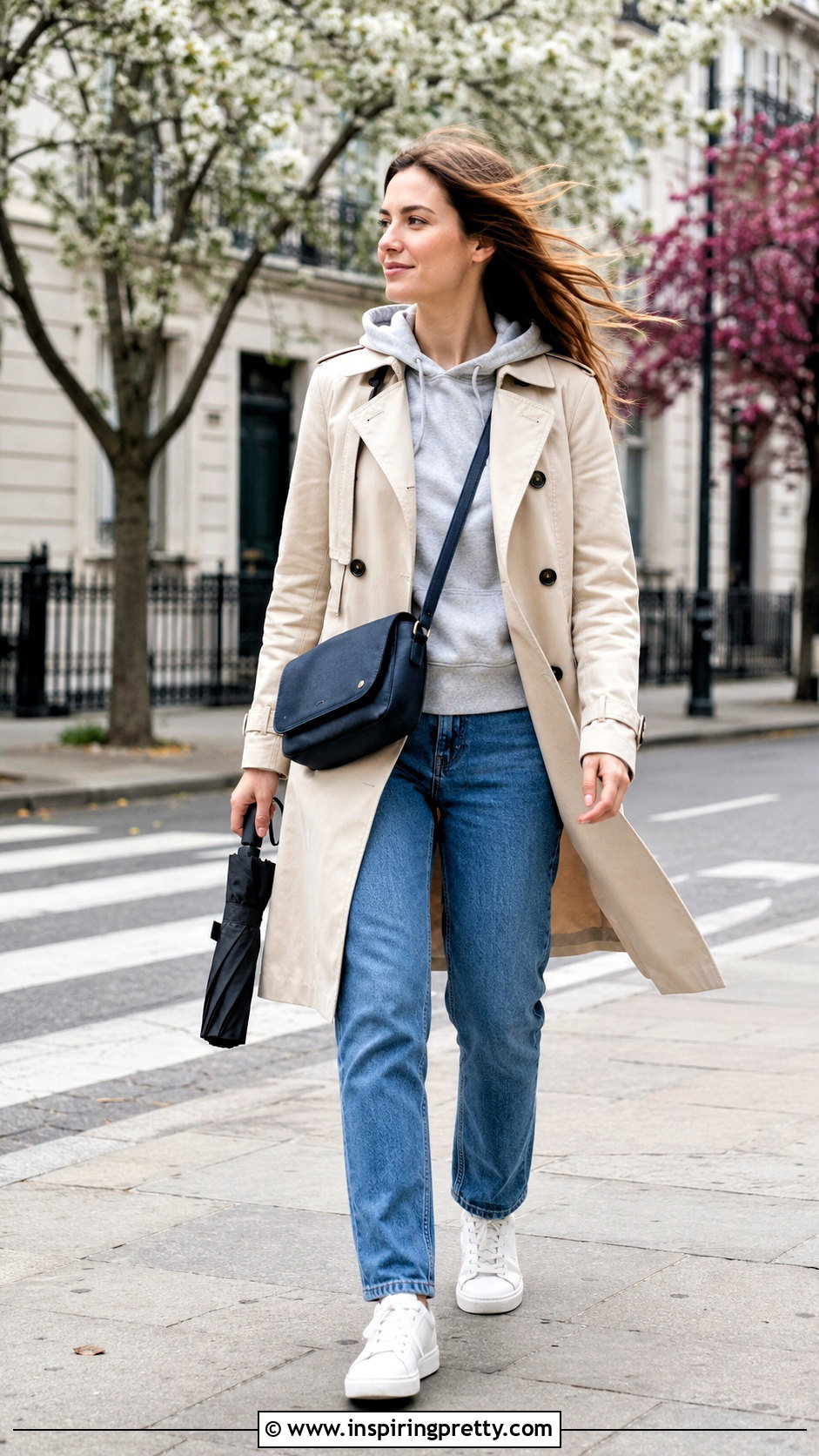 Hoodie Layering Top Under Trench Coat And Straight Jeans - 20 Layering Tops For Spring Ideas