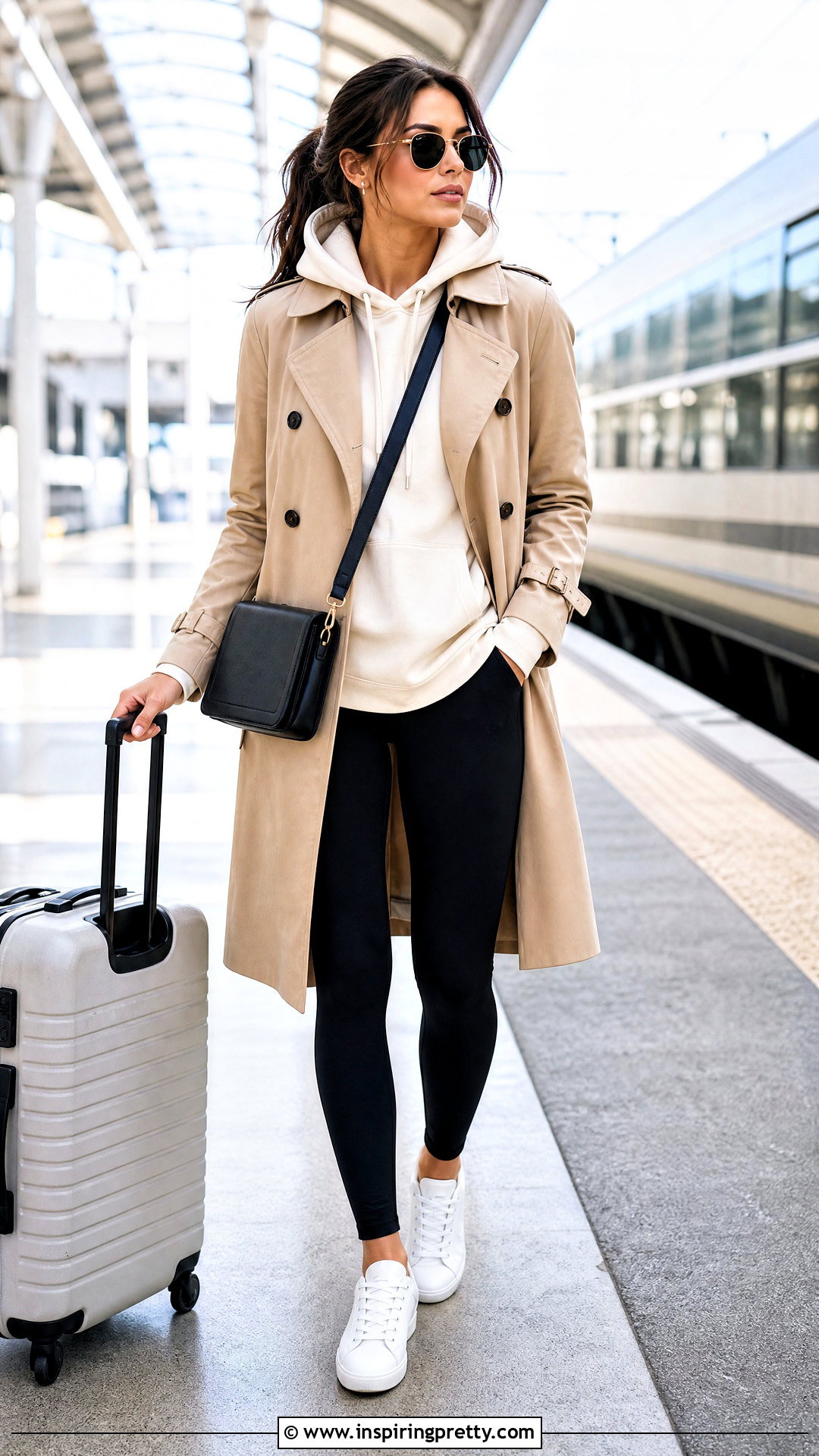 Hoodie Top With Trench Coat And Leggings - 50 chic tops outfit ideas