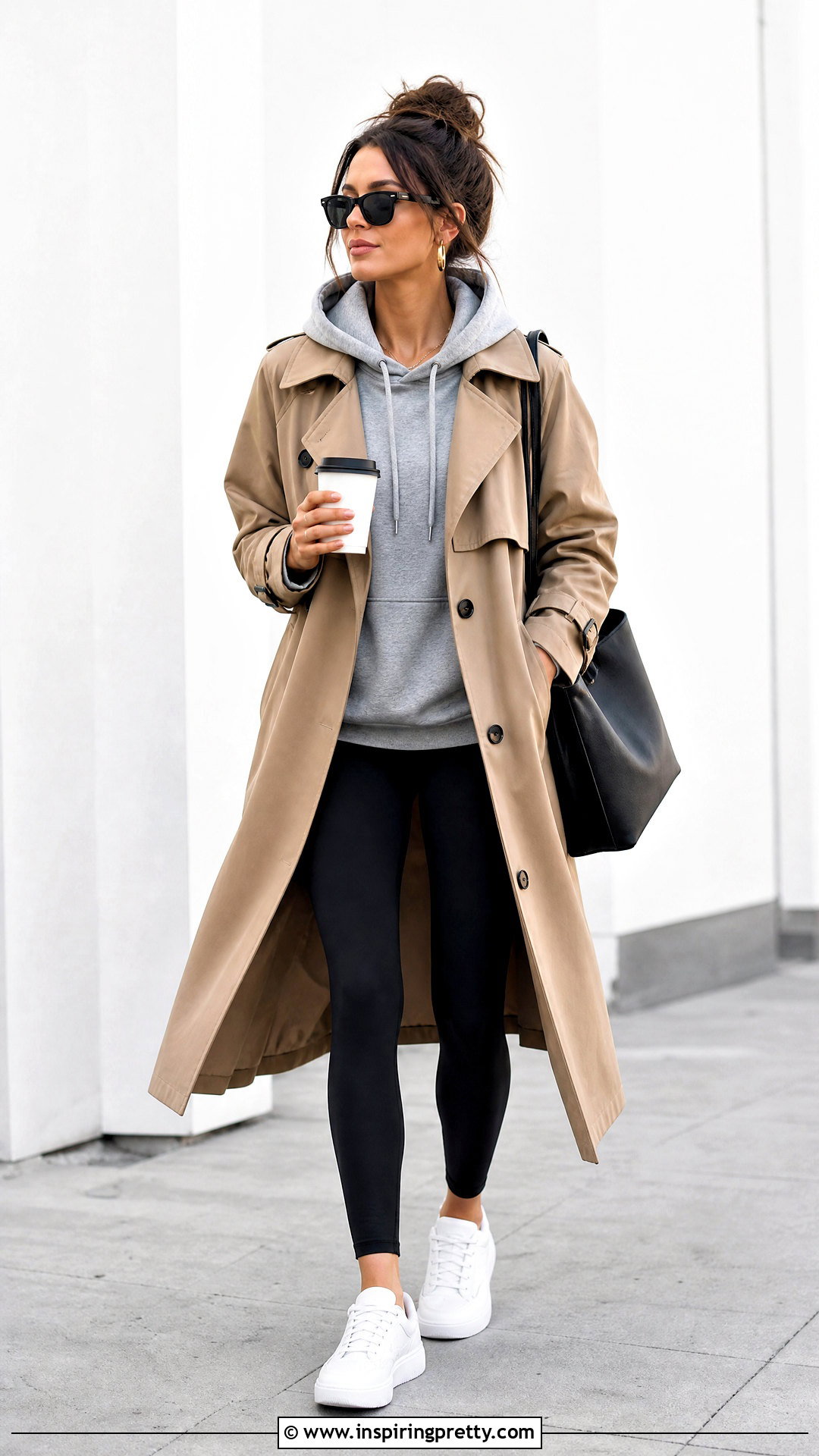 Hoodie With A Trench Coat And Leggings - 50 trendy fashion tops outfit ideas