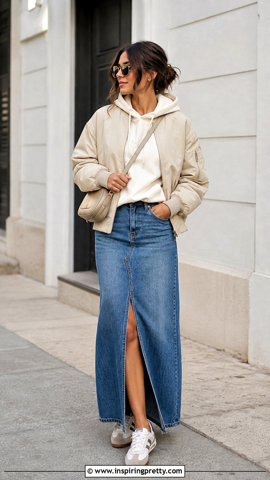 Hoodie With Long Denim Skirt - 50 Women Tops Outfit ideas
