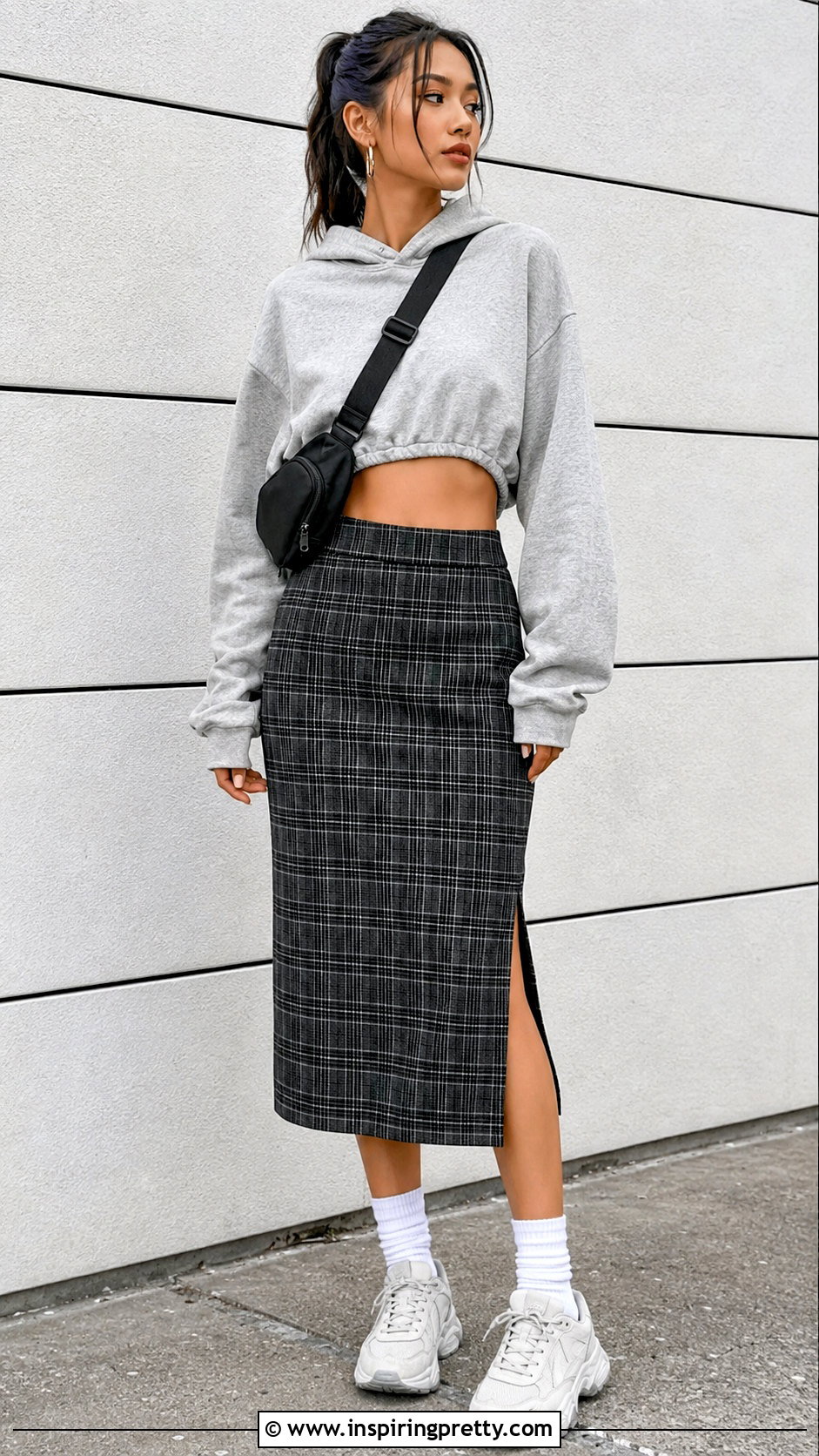 Hoodie With Plaid Skirt and Chunky Sneakers - 20 tops to wear with plaid skirts