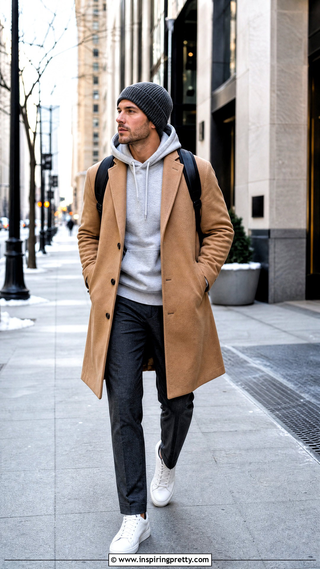 Hoodie With Wool Coat And Trousers - 50 mens tops outfit ideas