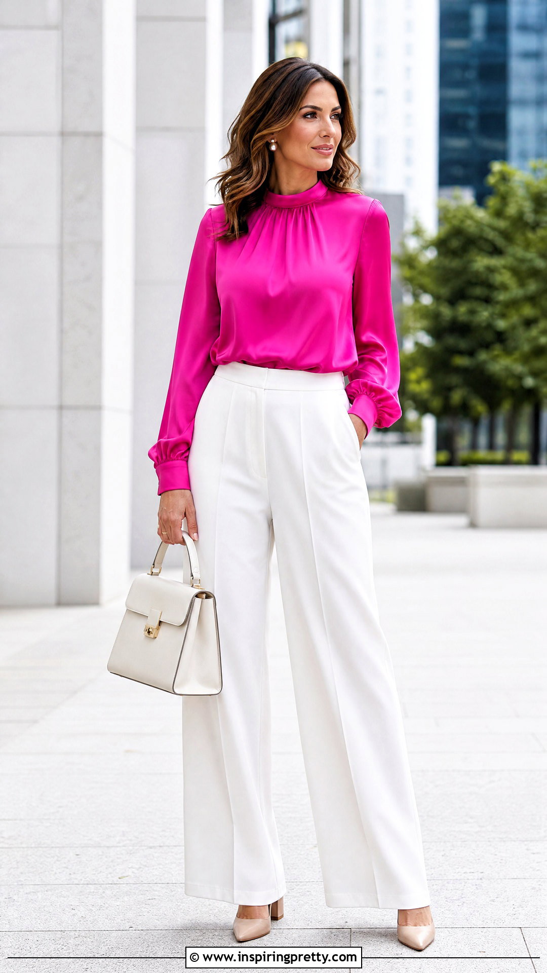 Hot Pink Blouse With White Wide Leg Pants - 50 cute pink tops outfit ideas