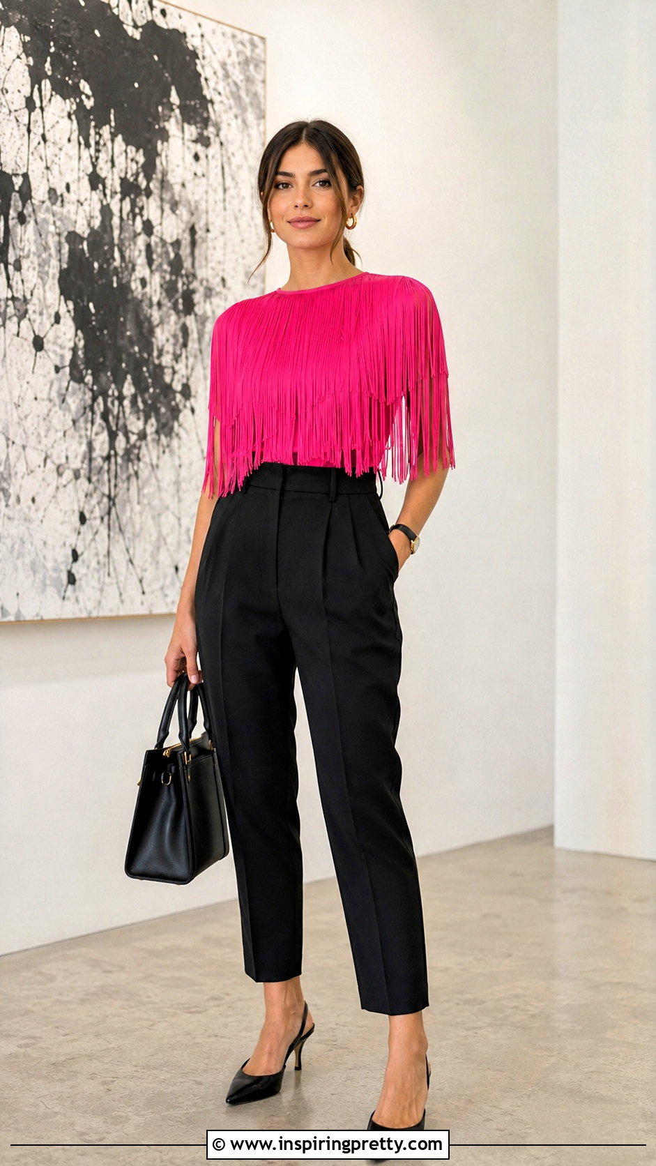 Hot Pink Fringe Top With Black Tailored Trousers - 20 hot pink fringe top outfit ideas