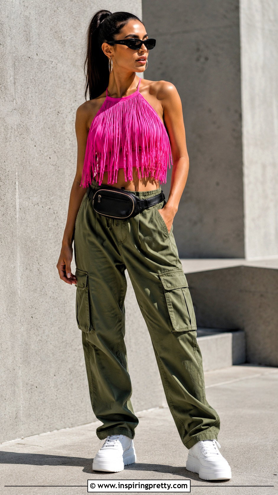 Hot Pink Fringe Top With Cargo Pants And Sneakers - 20 hot pink fringe top outfit ideas