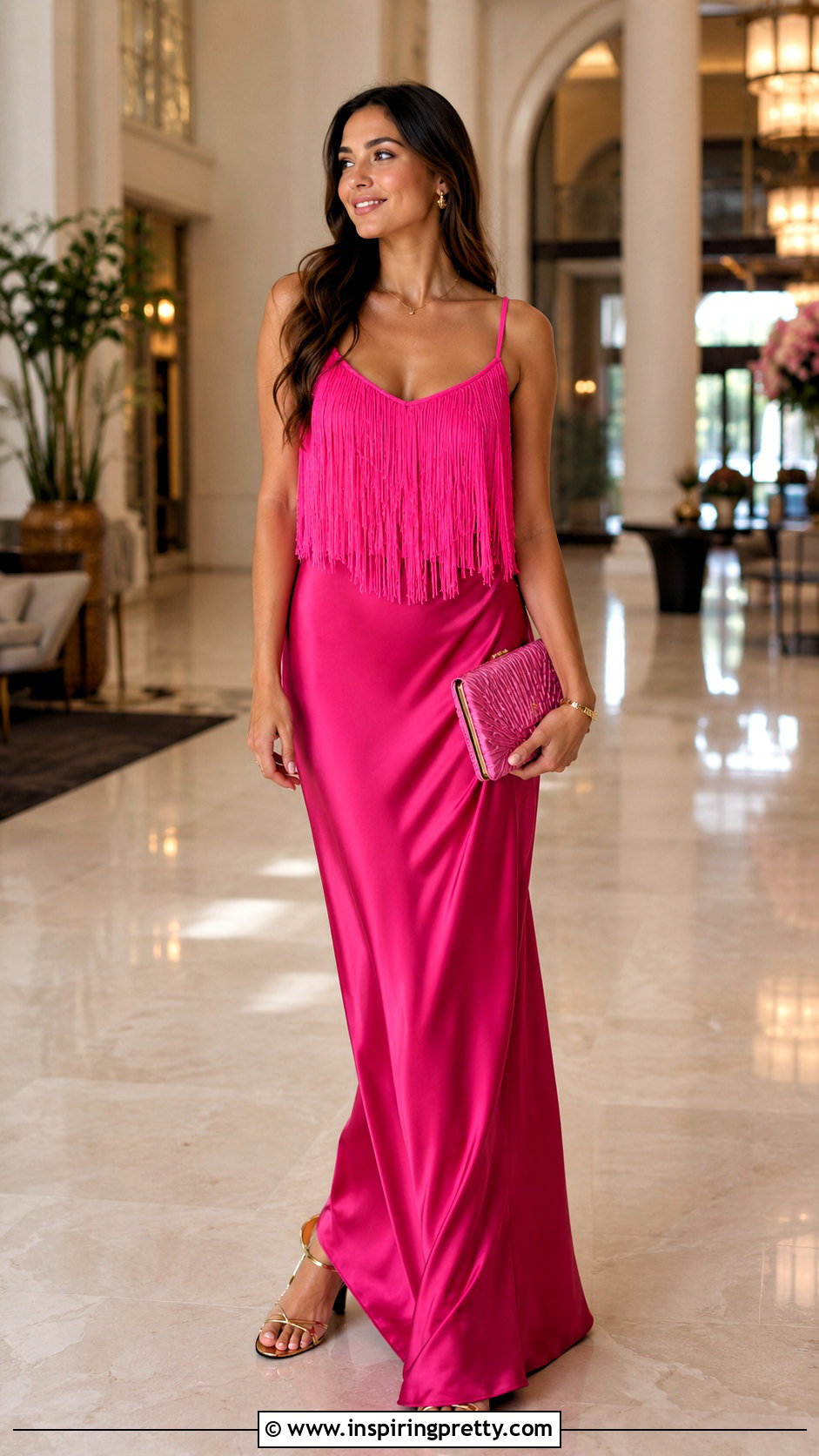 Hot Pink Fringe Top With Pink Satin Maxi Skirt - 20 hot pink fringe top outfit ideas