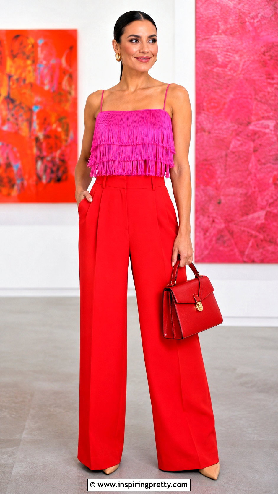 Hot Pink Fringe Top With Red Trousers - 20 hot pink fringe top outfit ideas