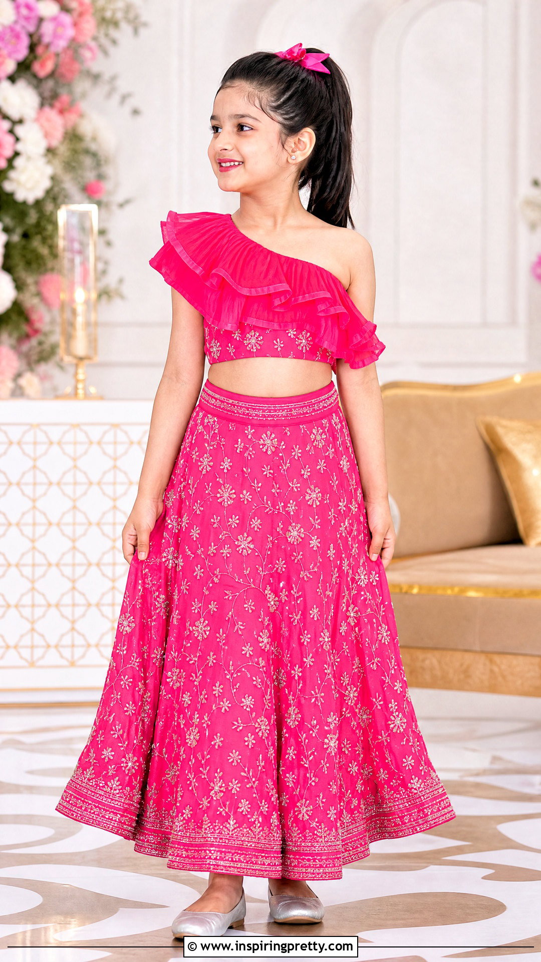 Hot Pink One Shoulder Kids Crop Top Lehenga - 50 kids crop top lehenga designs