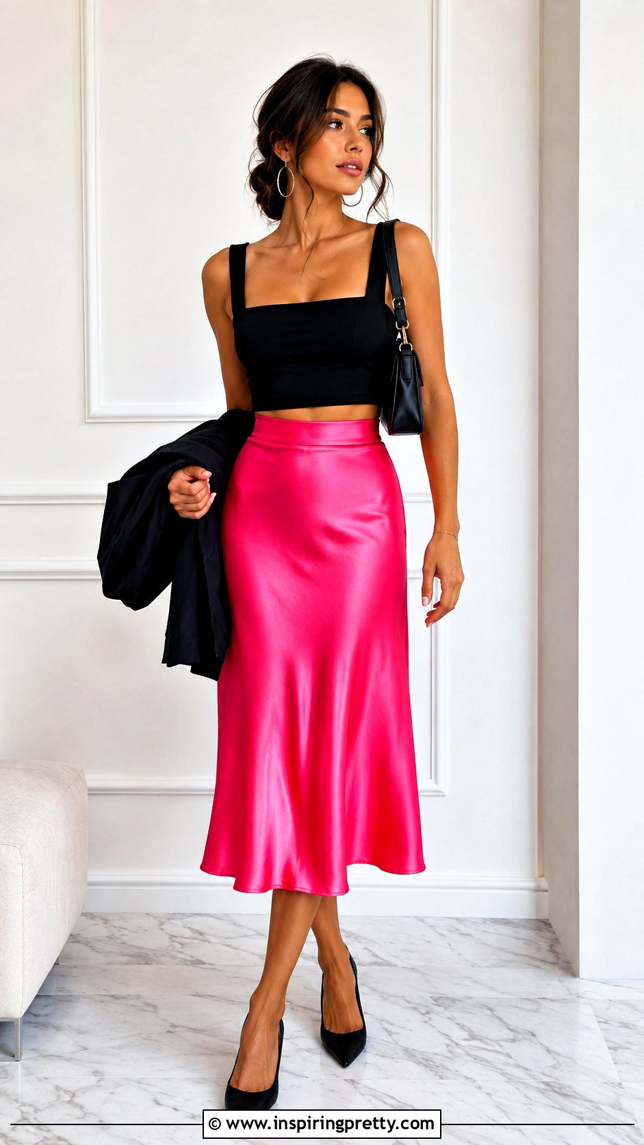 Hot Pink Satin Skirt And Black Crop Top Party Outfit - 50 skirt and top party wear outfits