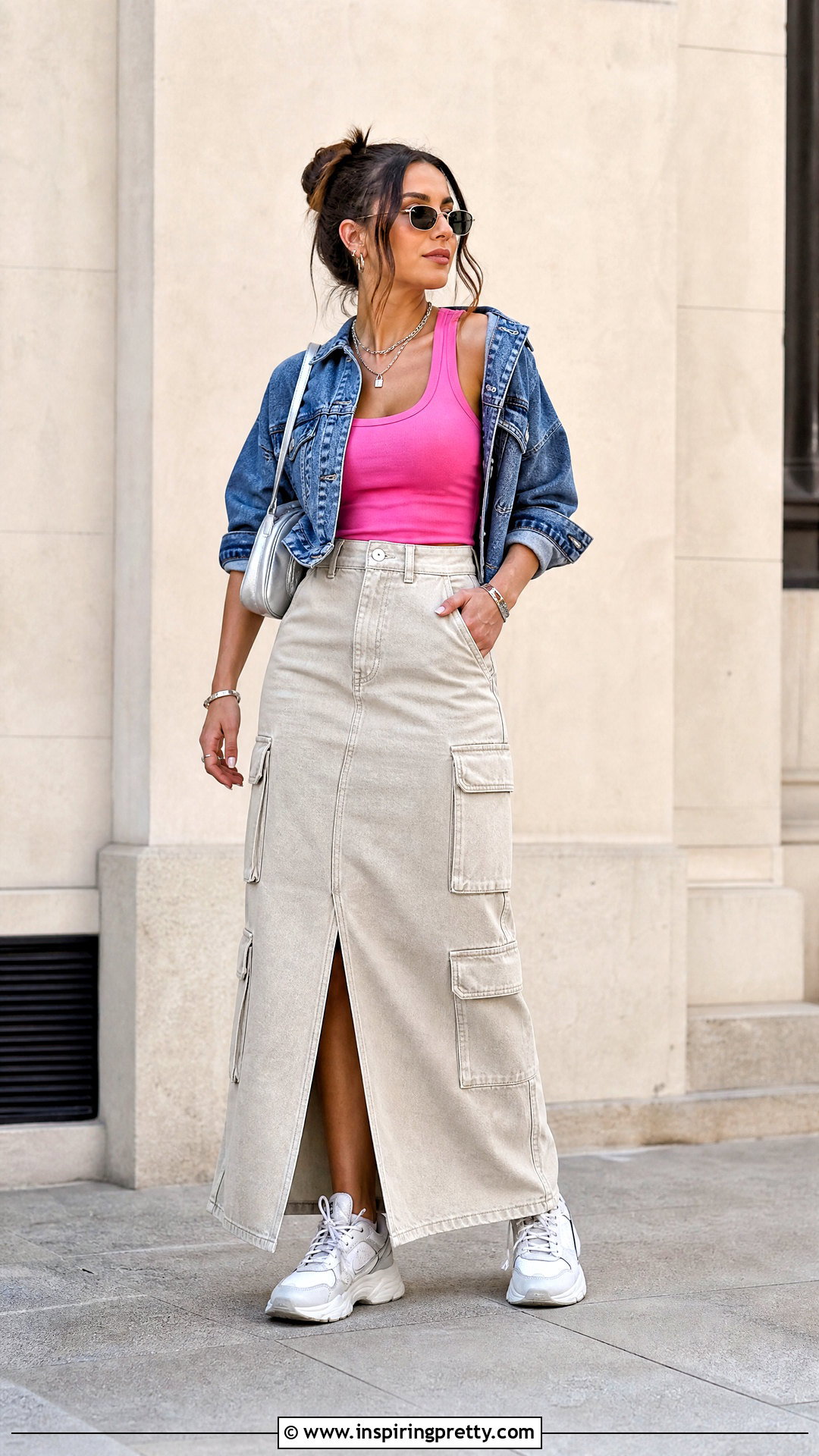 Hot Pink Tank Top With Cargo Maxi Skirt - 50 hot pink tank top outfit ideas