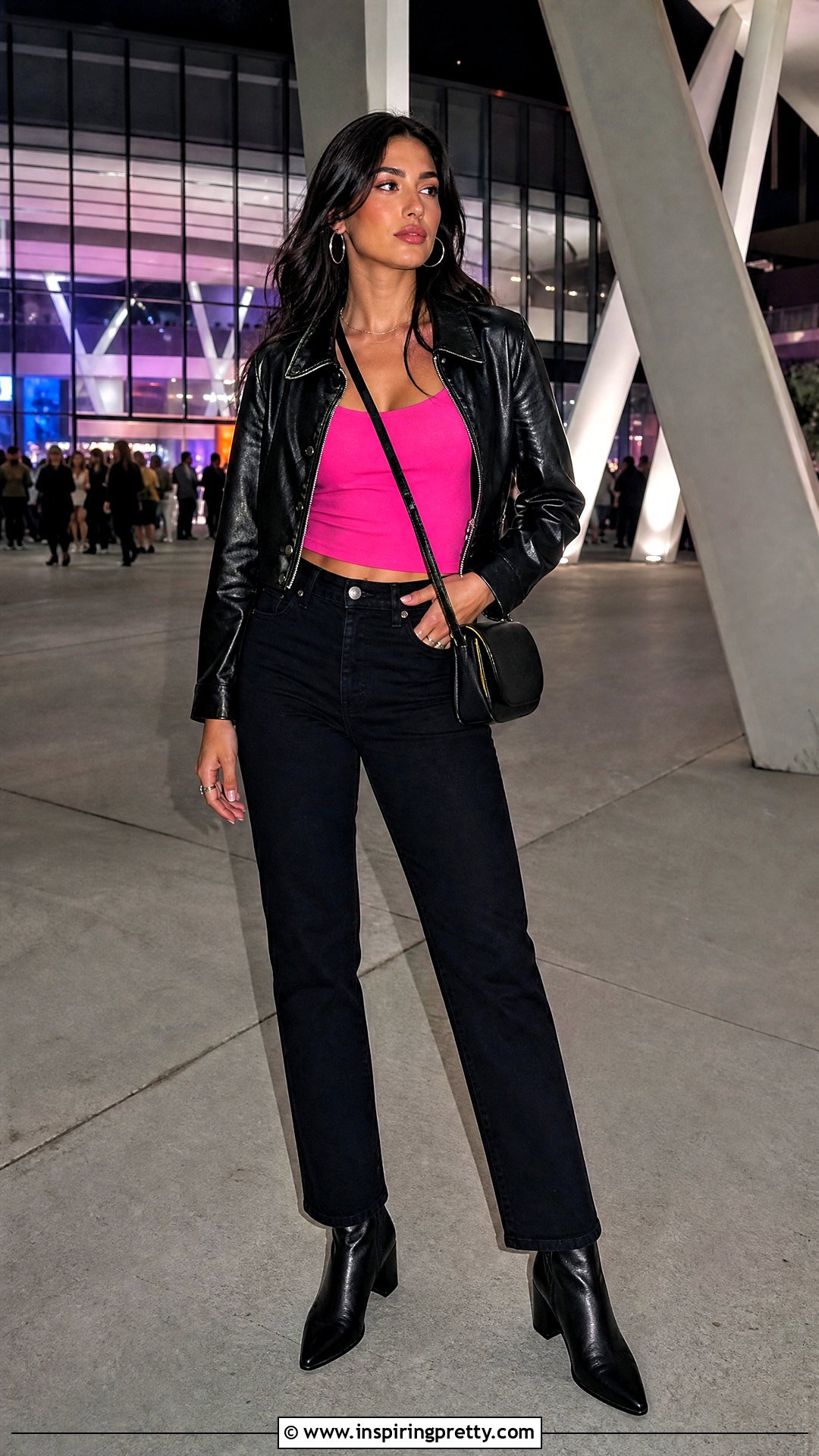 Hot Pink Tank Top With Leather Jacket And Pants - 50 hot pink tank top outfit ideas