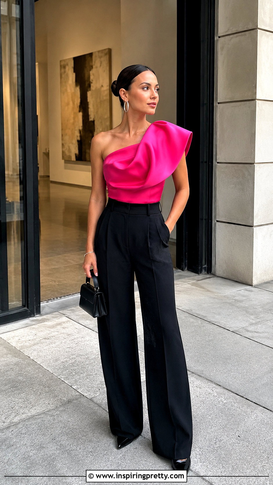 Hot Pink Top With Black Wide Leg Pants - 20 pink fashion statement top outfit ideas