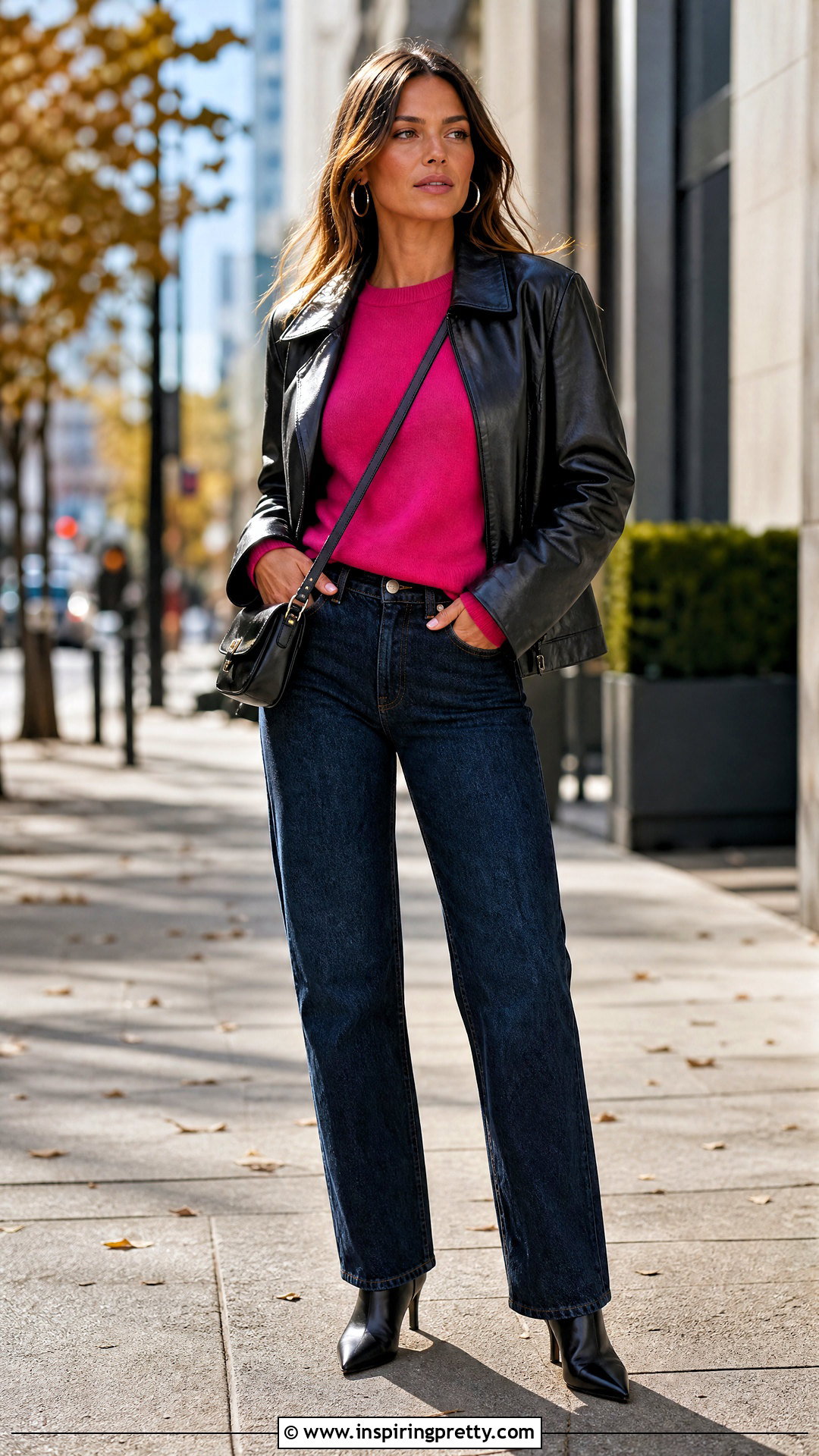 Hot Pink Top With Leather Jacket And Jeans - 50 hot pink top outfit ideas