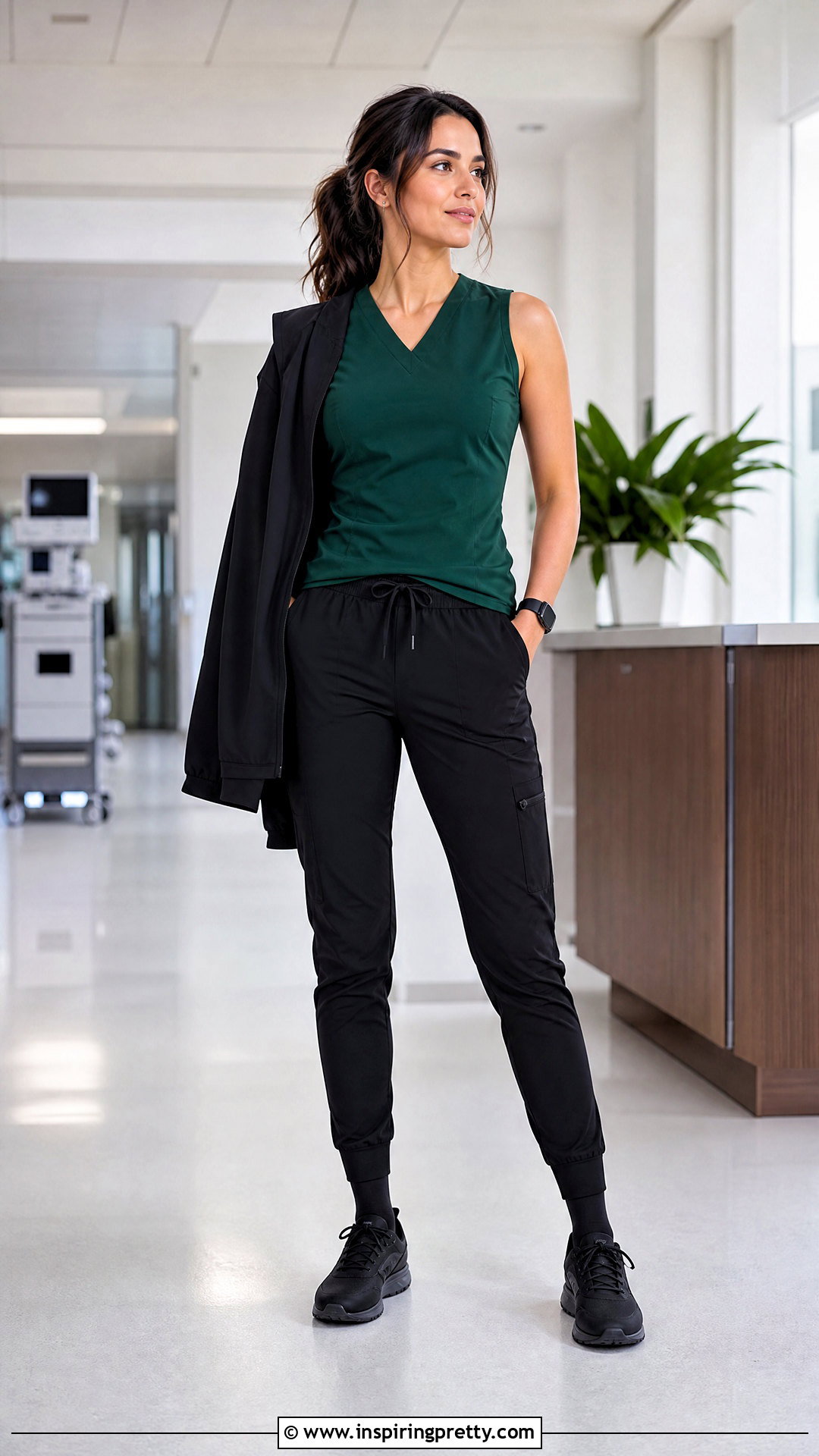 Hunter Green Sleeveless Scrub Top With Black Joggers - 20 Sleeveless Scrub Top outfit ideas