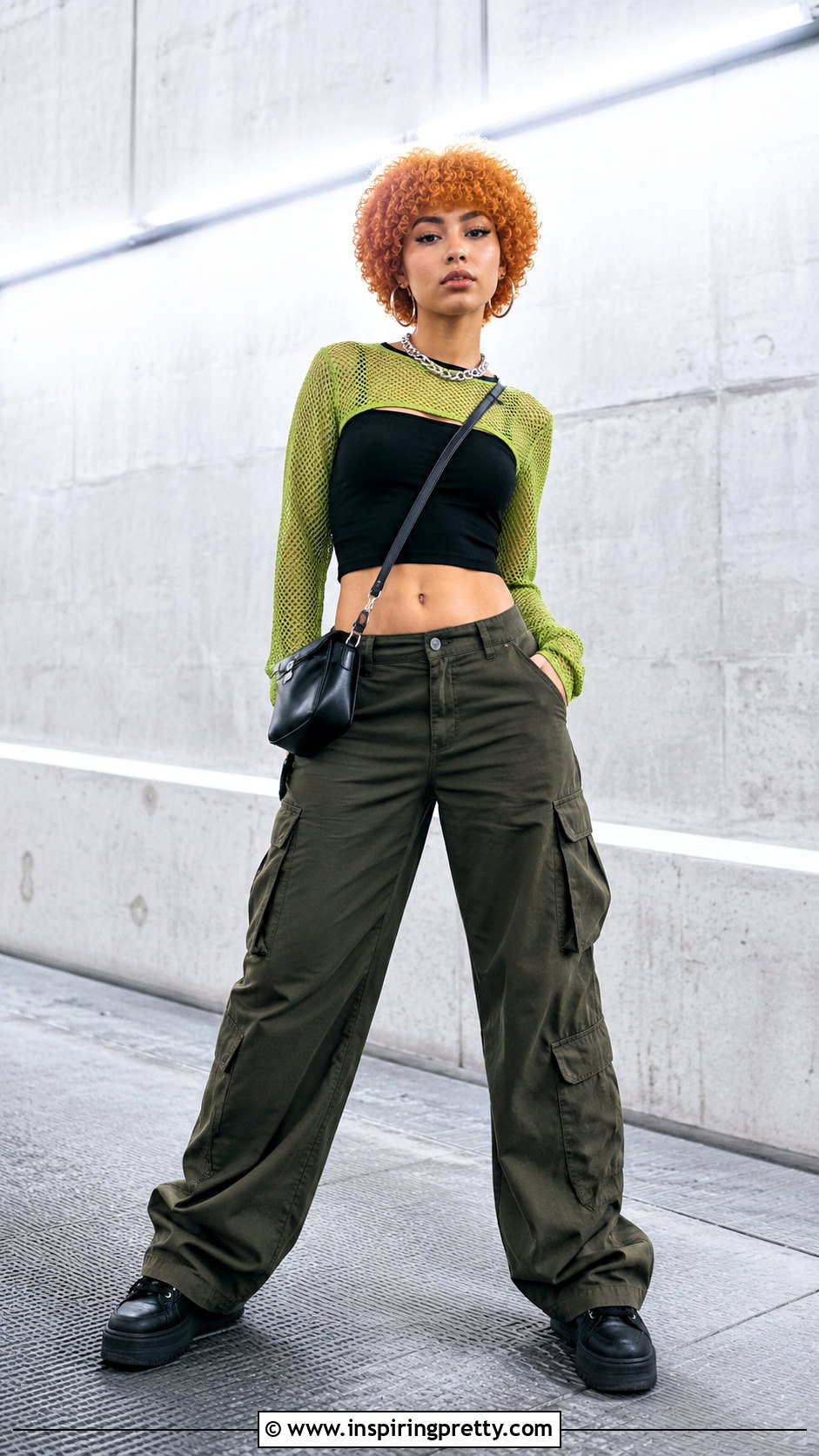 Ice Spice Green Mesh Crop Top And Cargo Pants Outfit - 25 ice spice crop top outfit ideas