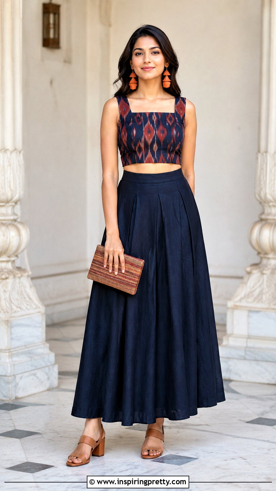 Ikat Crop Top With Pleated Skirt - 50 traditional crop top designs