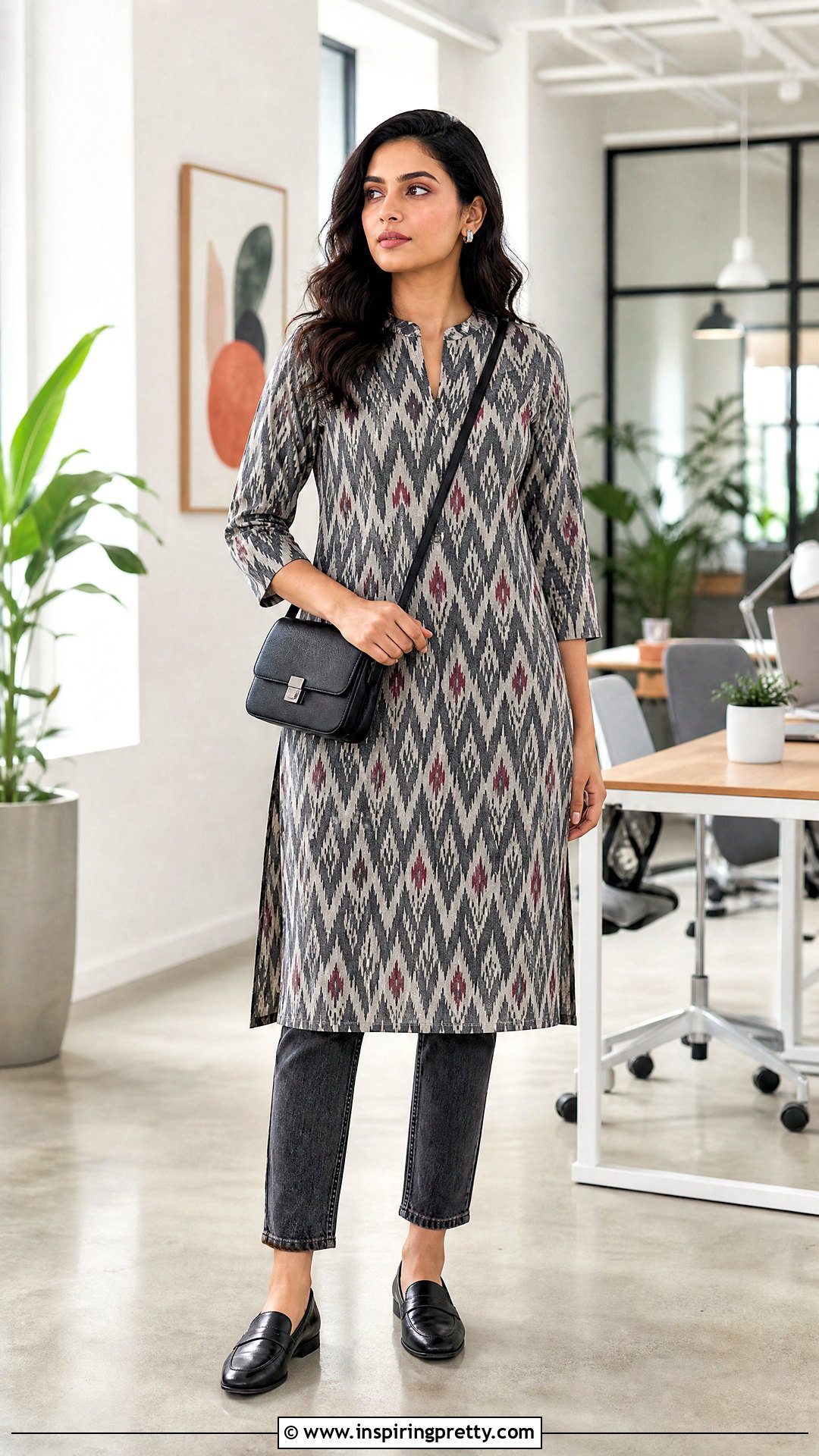 Ikat Kurti With Gray Jeans - 50 kurti tops for jeans