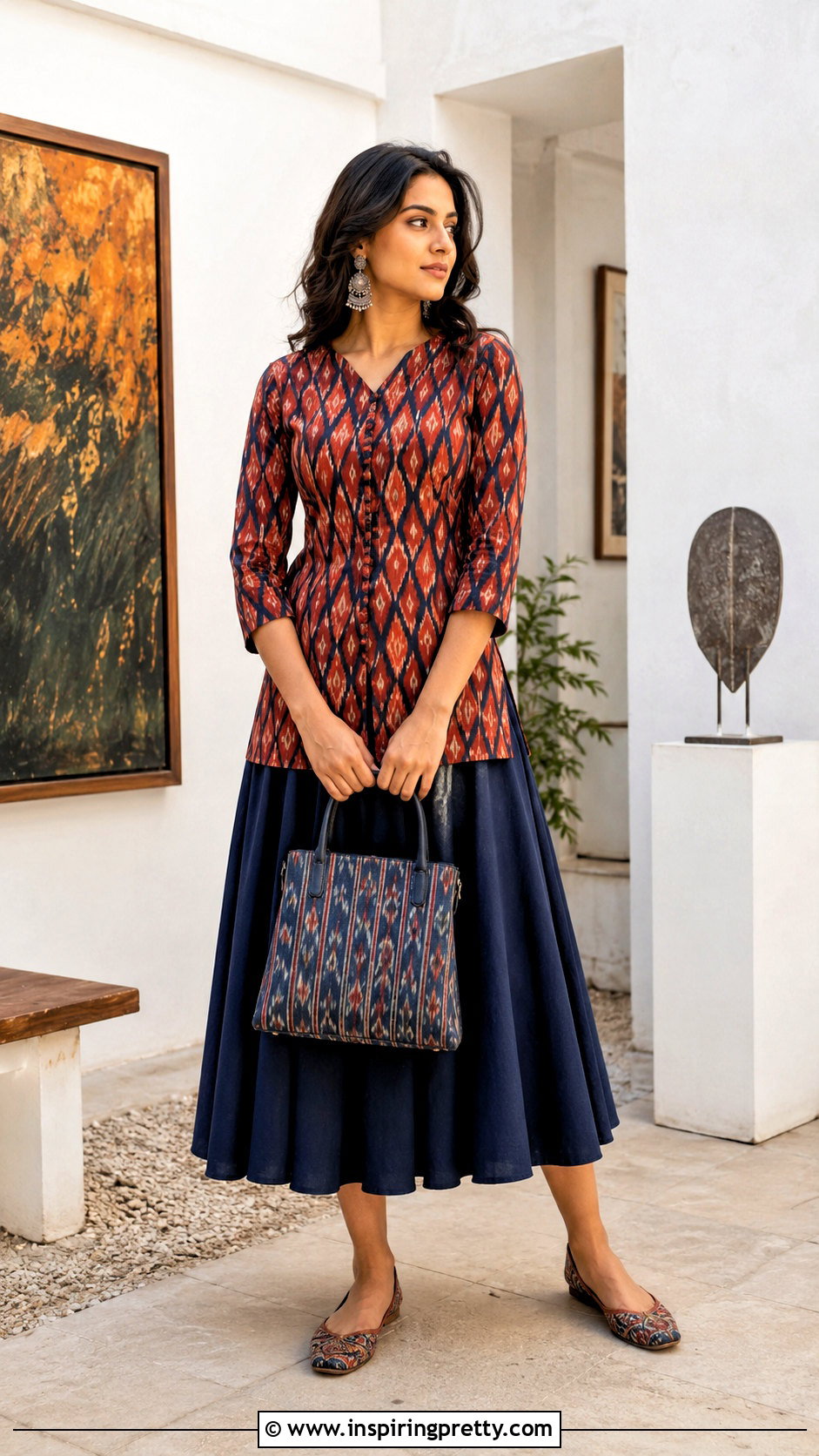 Ikat Short Kurti With A Line Midi Skirt - 50 short kurti top outfit ideas
