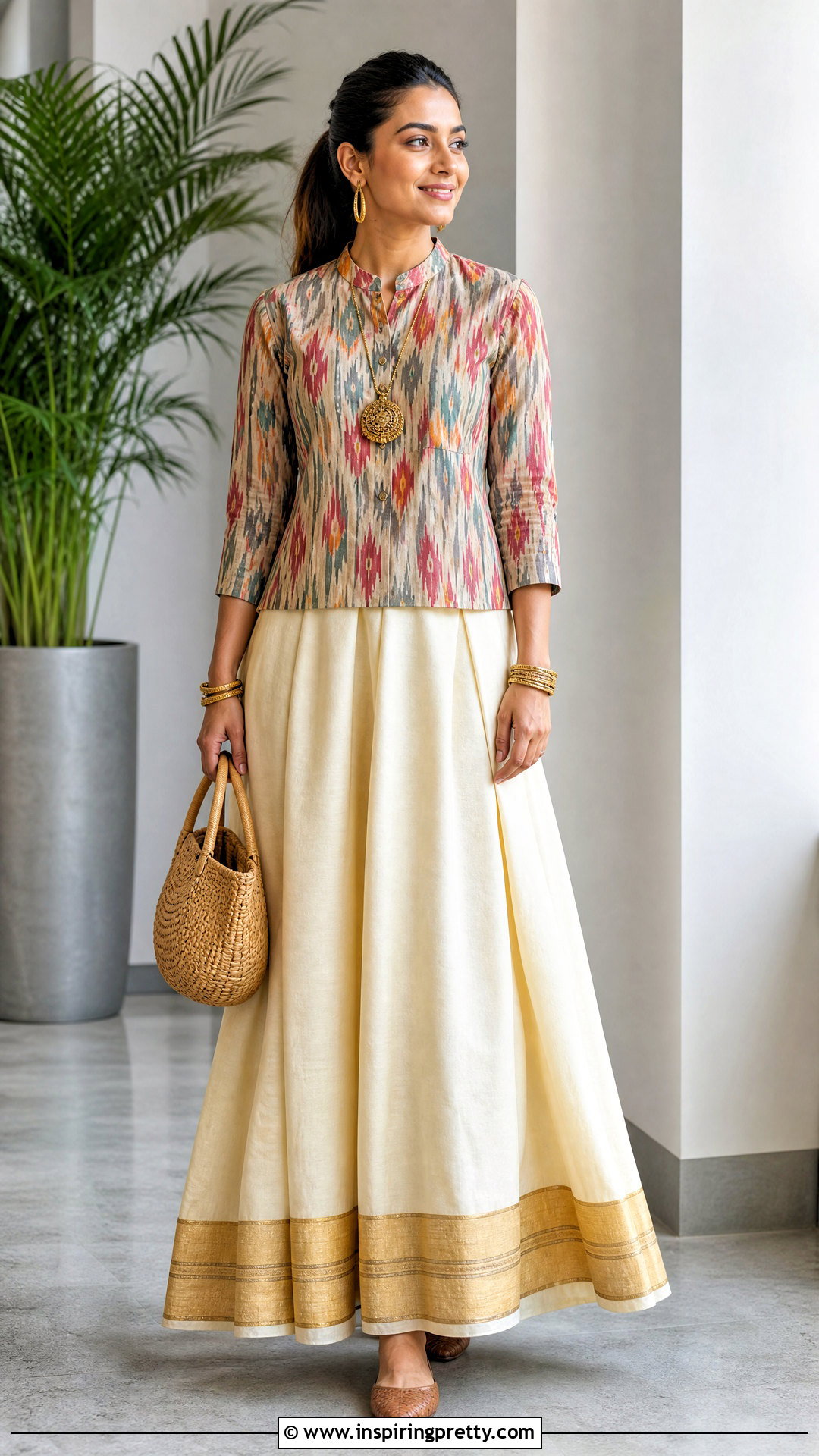 Ikat Top And Cream Gold Onam Skirt - 50 latest onam skirt and top designs