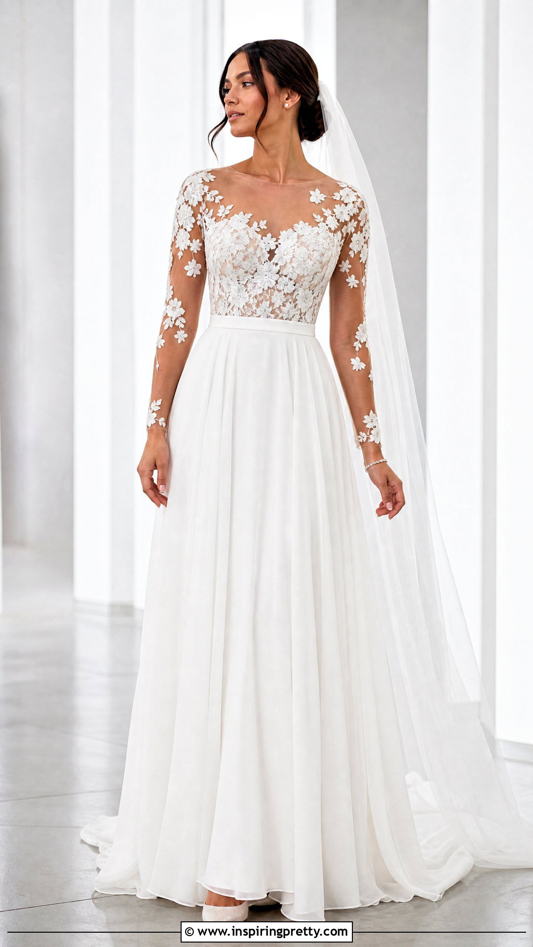 Illusion Lace Top Chiffon Wedding Dress - 25 lace top flowy bottom wedding dress outfit ideas