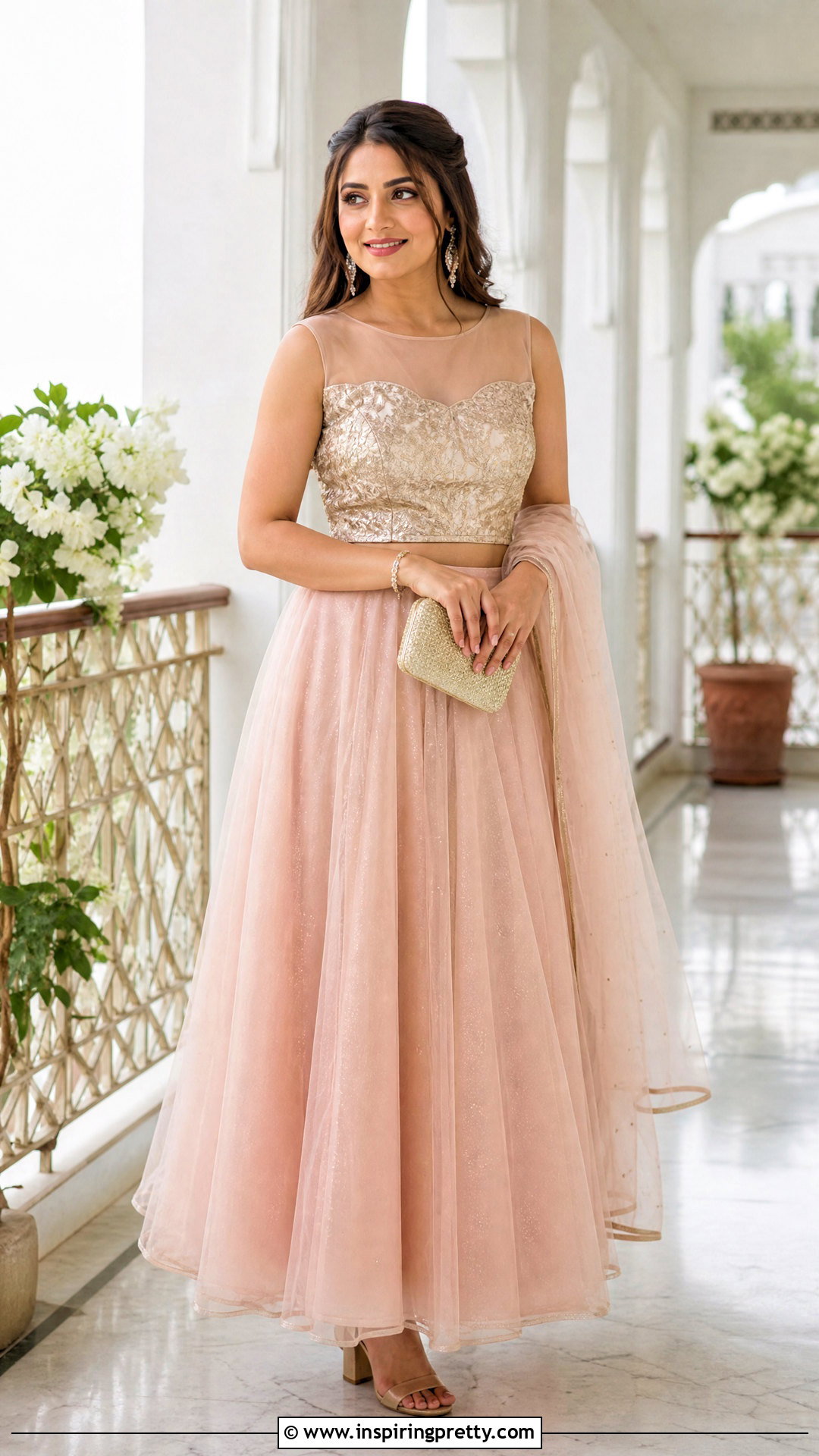 Illusion Neck Brocade Top With Tulle Lehenga - 50 brocade top designs