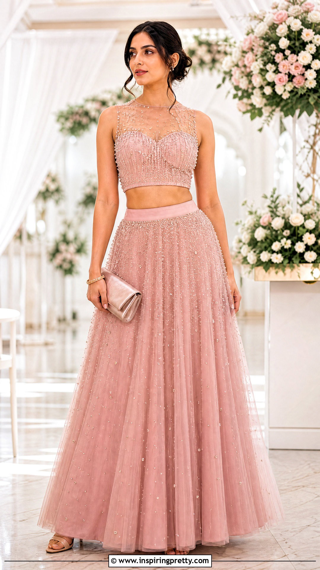 Illusion Neck Crop Top Blouse With Net Lehenga - 50 latest crop top blouse designs