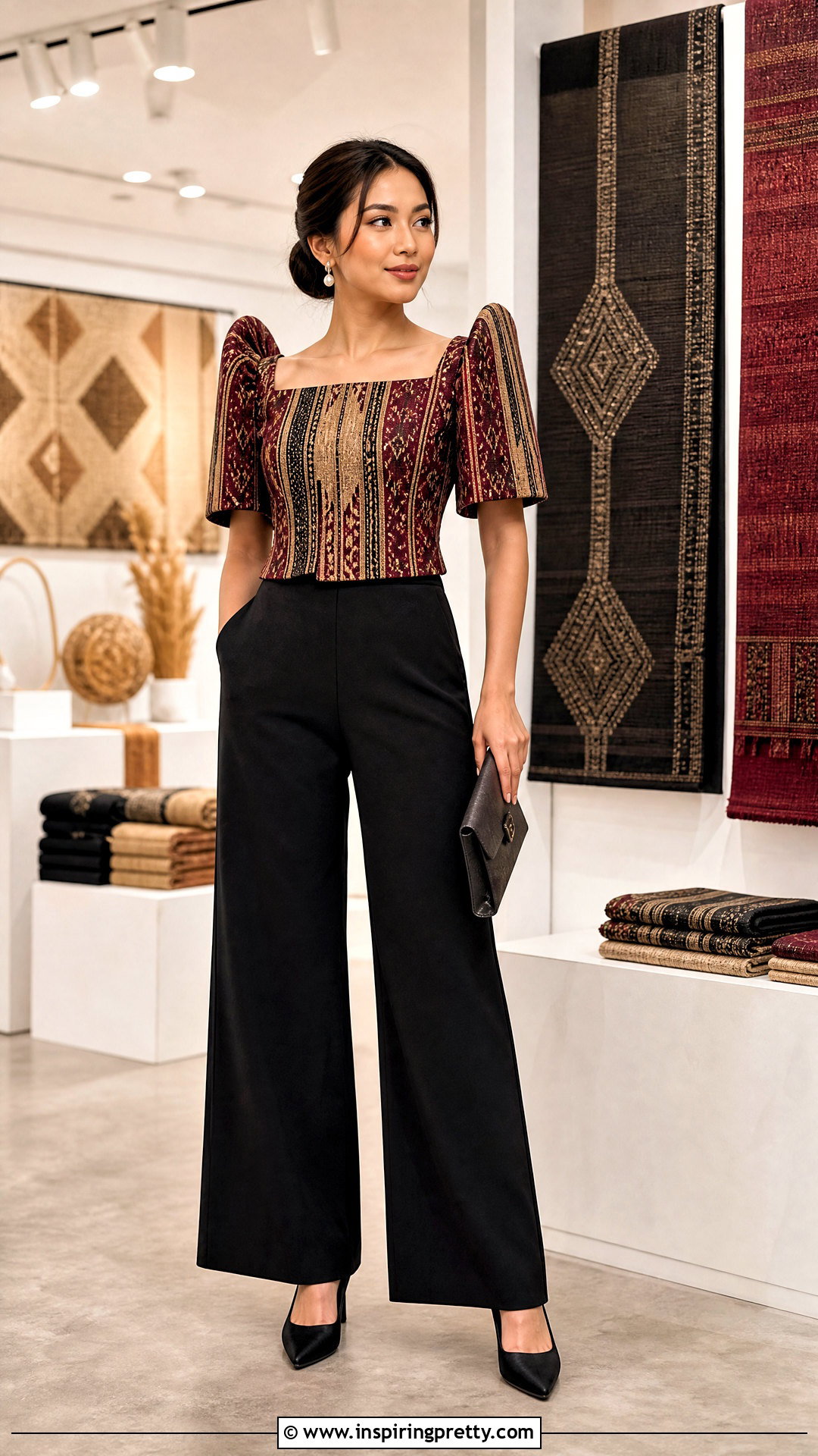 Inabel Filipiniana Top With Solid Black Pants - 50 filipiniana top and pants