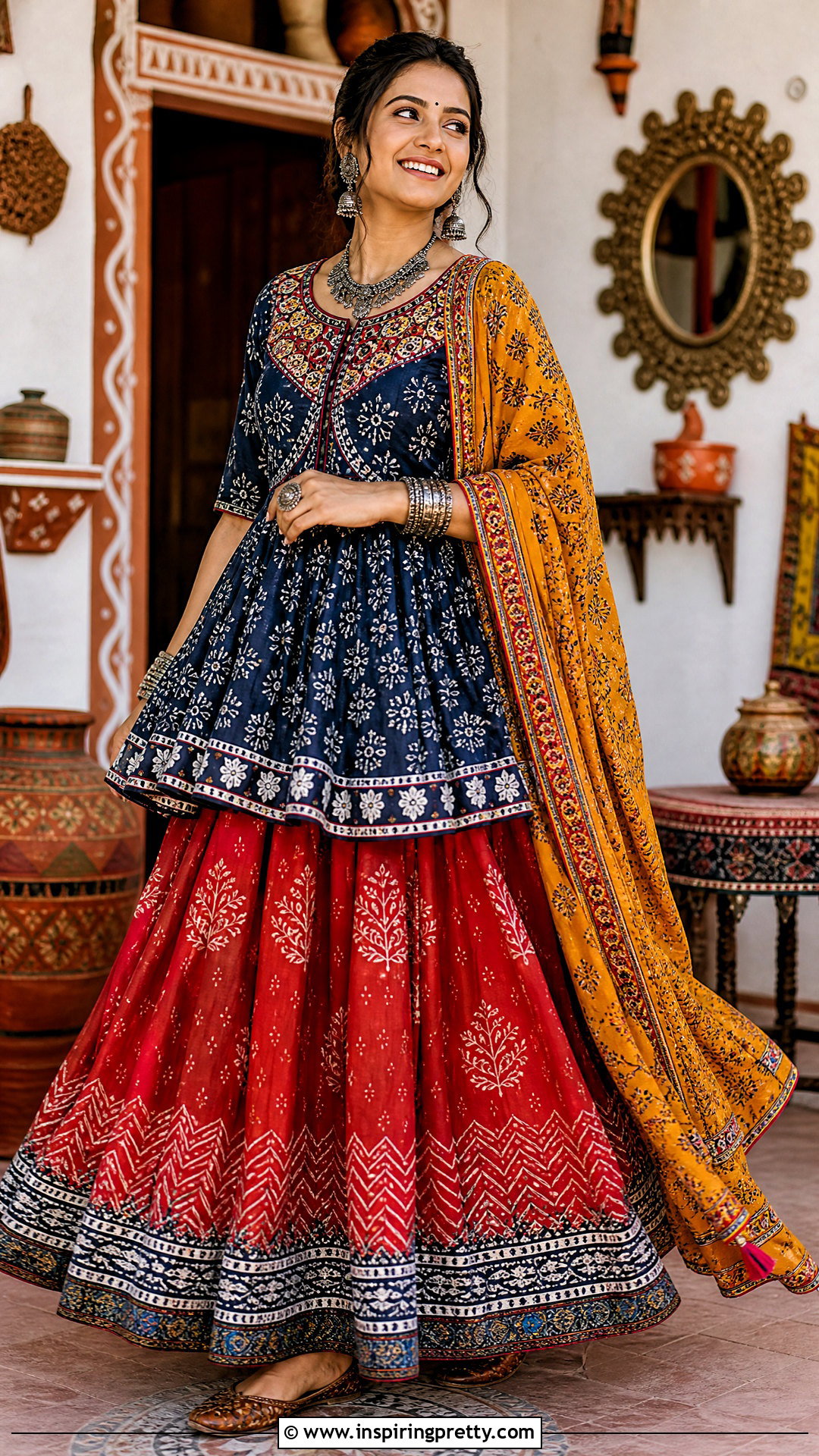 Indigo Kediyu With Red Chaniya - 50 Kediyu Top For Navratri outfit ideas