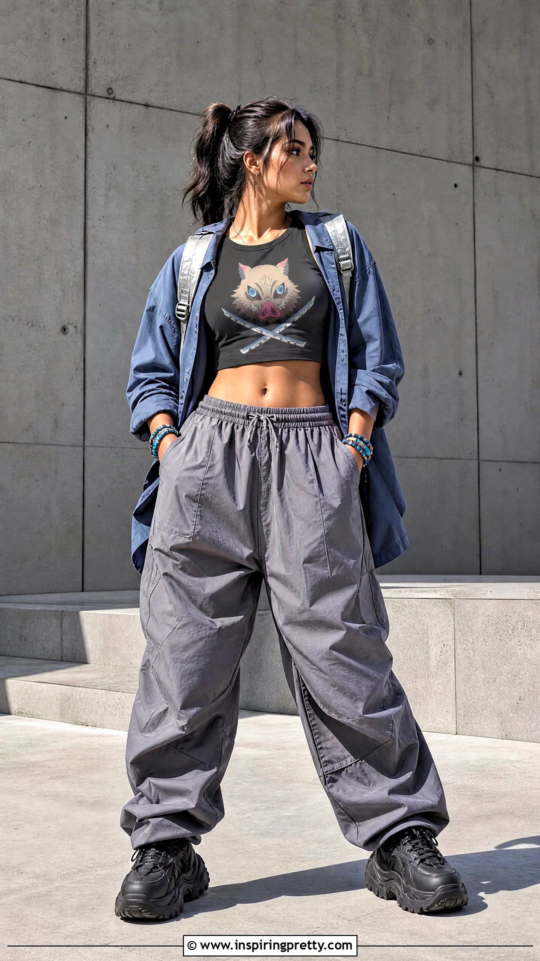 Inosuke Demon Slayer Crop Top With Gray Parachute Pants - 25 demon slayer crop top outfit ideas