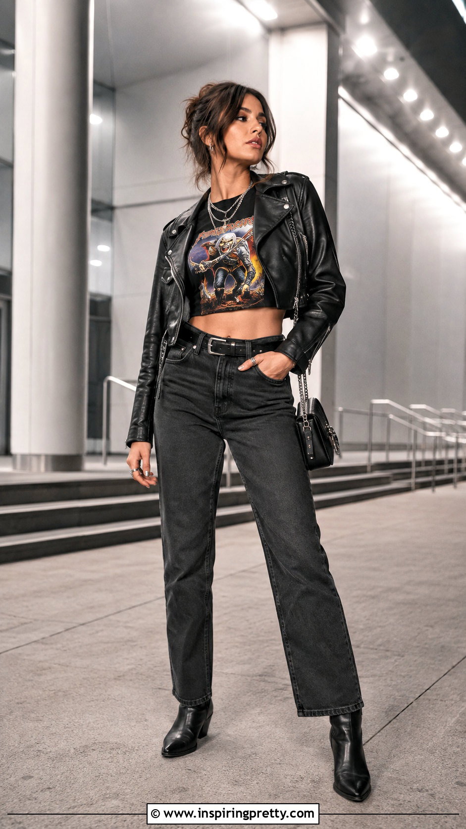 Iron Maiden Crop Top With Leather Jacket And Straight Jeans - 25 Iron Maiden Crop Top outfit ideas