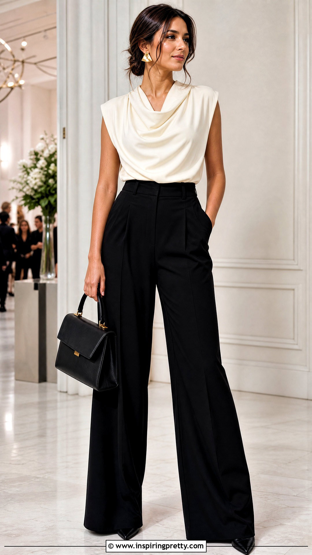 Ivory Cowl Neck Draped Top With Wide Leg Pants - 50 draped top outfit ideas