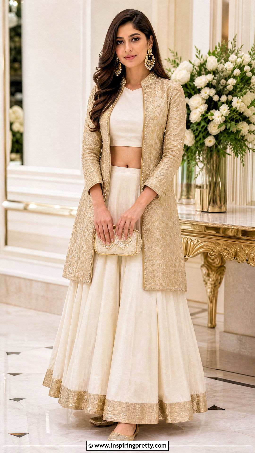 Ivory Crop Top Lehenga With Gold Jacket - 50 crop top lehenga with jacket outfit ideas