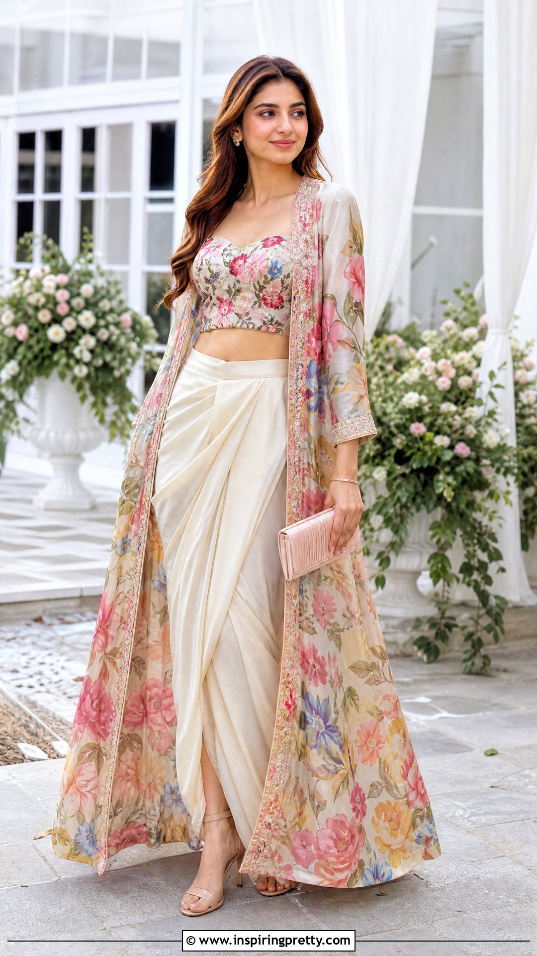 Ivory Dhoti Skirt With Floral Crop Top And Long Jacket - 25 dhoti skirt with crop top and jacket outfit ideas