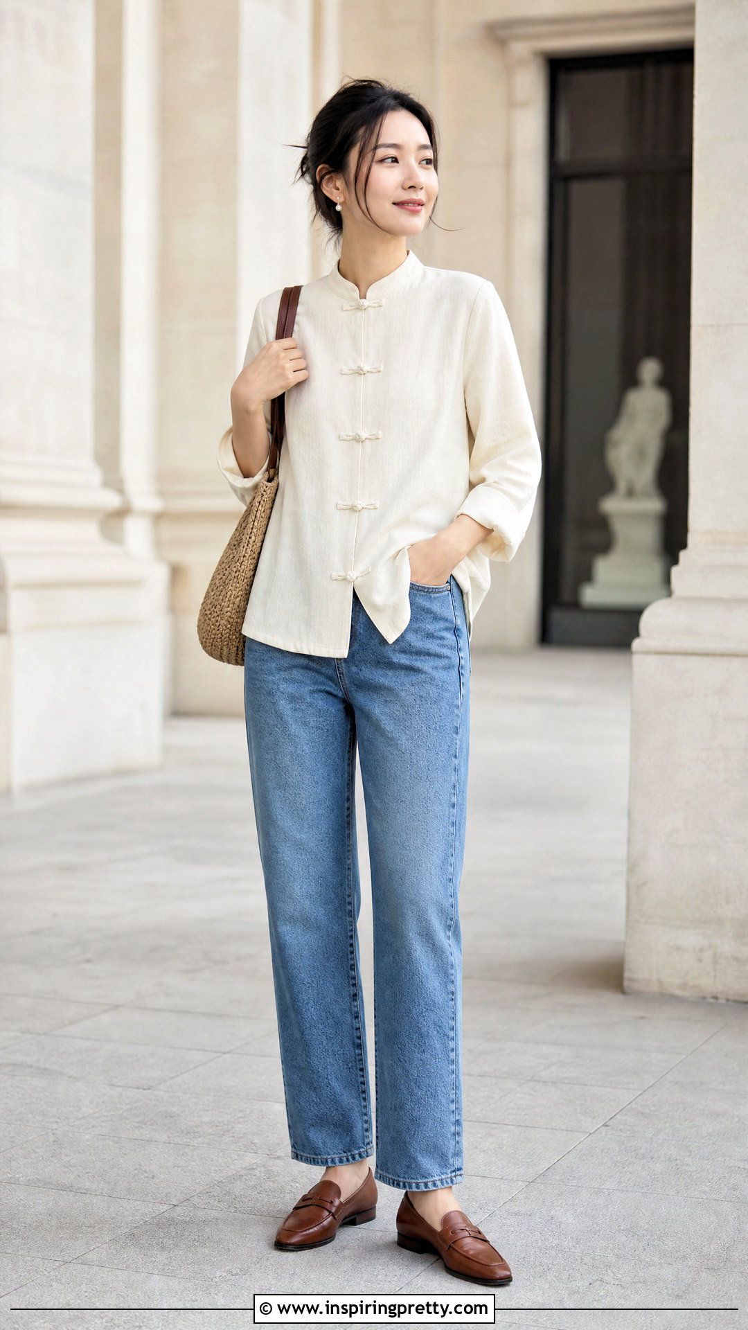 Ivory Frog Button Top With Straight Leg Jeans - 50 chinese top outfit ideas