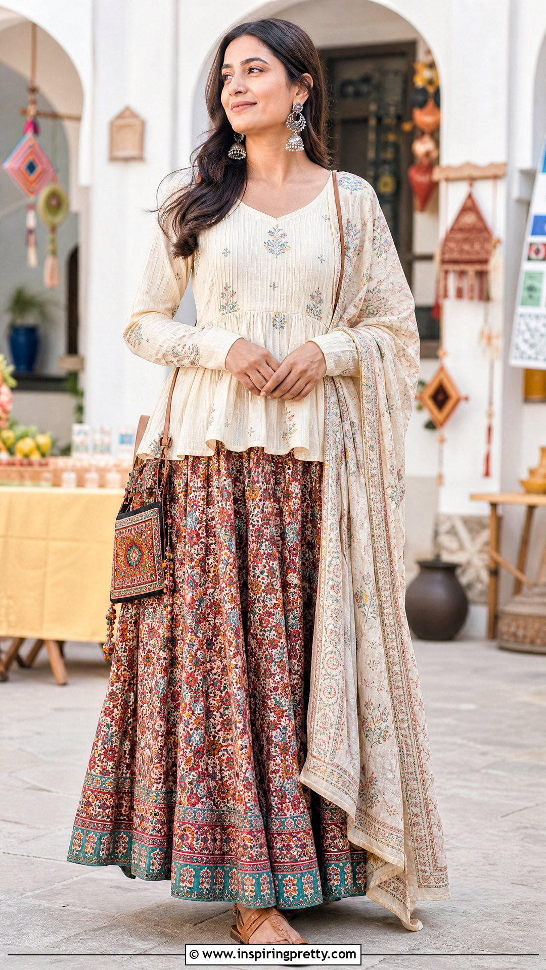 Ivory Indian Peplum Top With Printed Skirt - 50 indian peplum top outfits