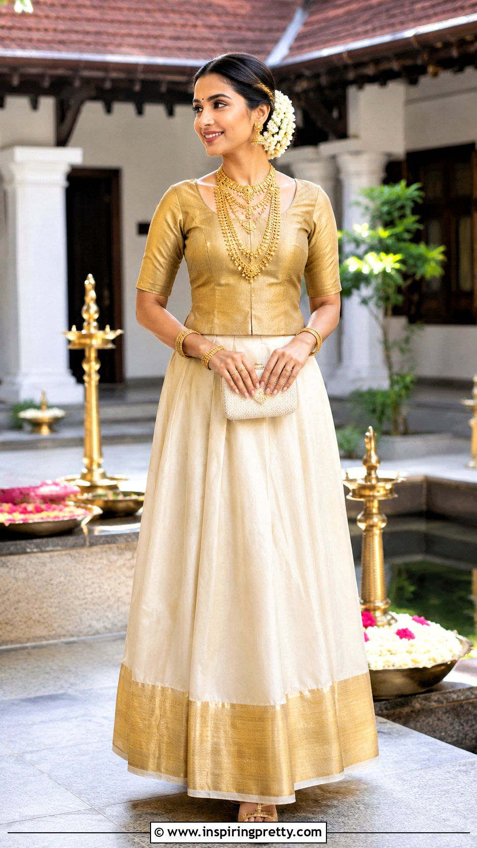 Ivory Kasavu Skirt With Gold Blouse - 50 traditional skirt and top kerala outfit ideas