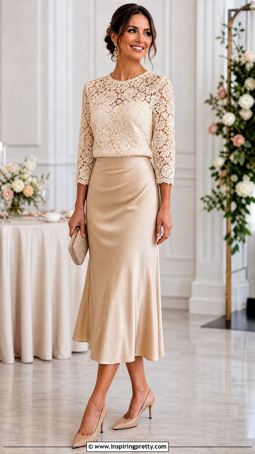 Ivory Lace Blouse With Satin Midi Skirt - 50 lace tops for women classy ideas
