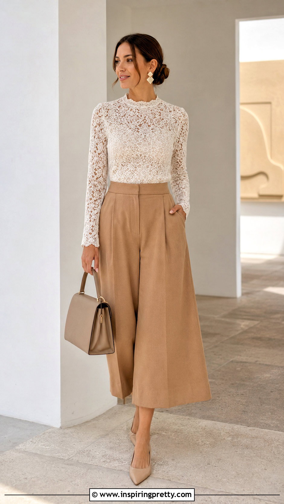 Ivory Lace Long Sleeve Top With Culottes - 50 lace long sleeve top outfit ideas