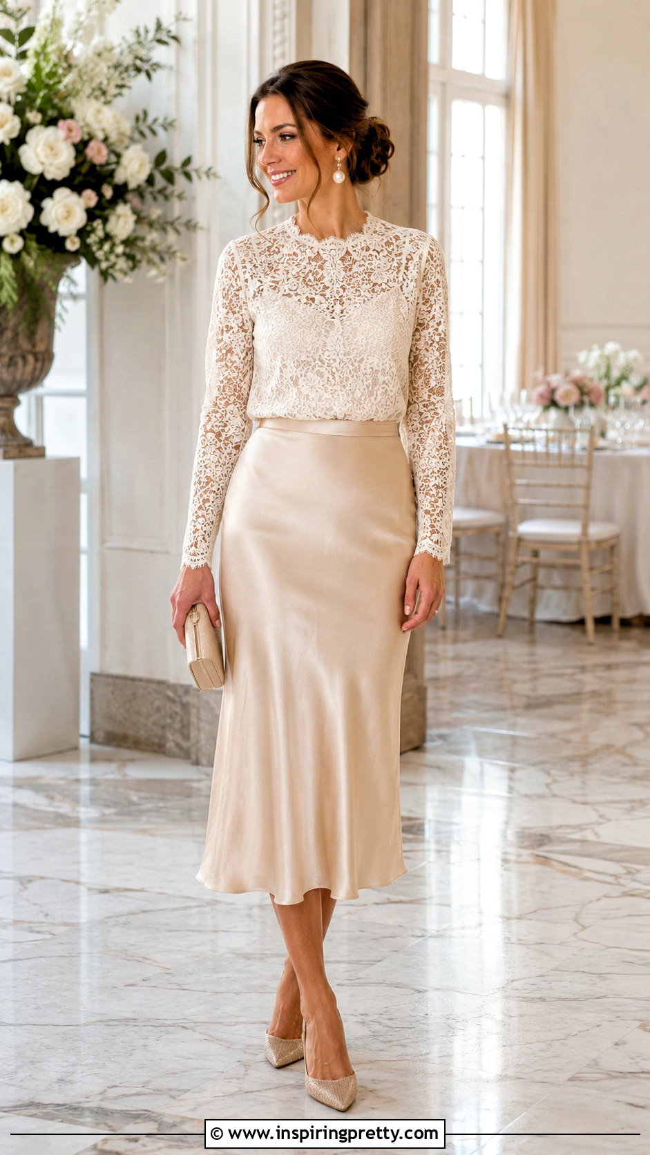 Ivory Lace Long Sleeve Top With Satin Midi Skirt - 50 lace long sleeve top outfit ideas