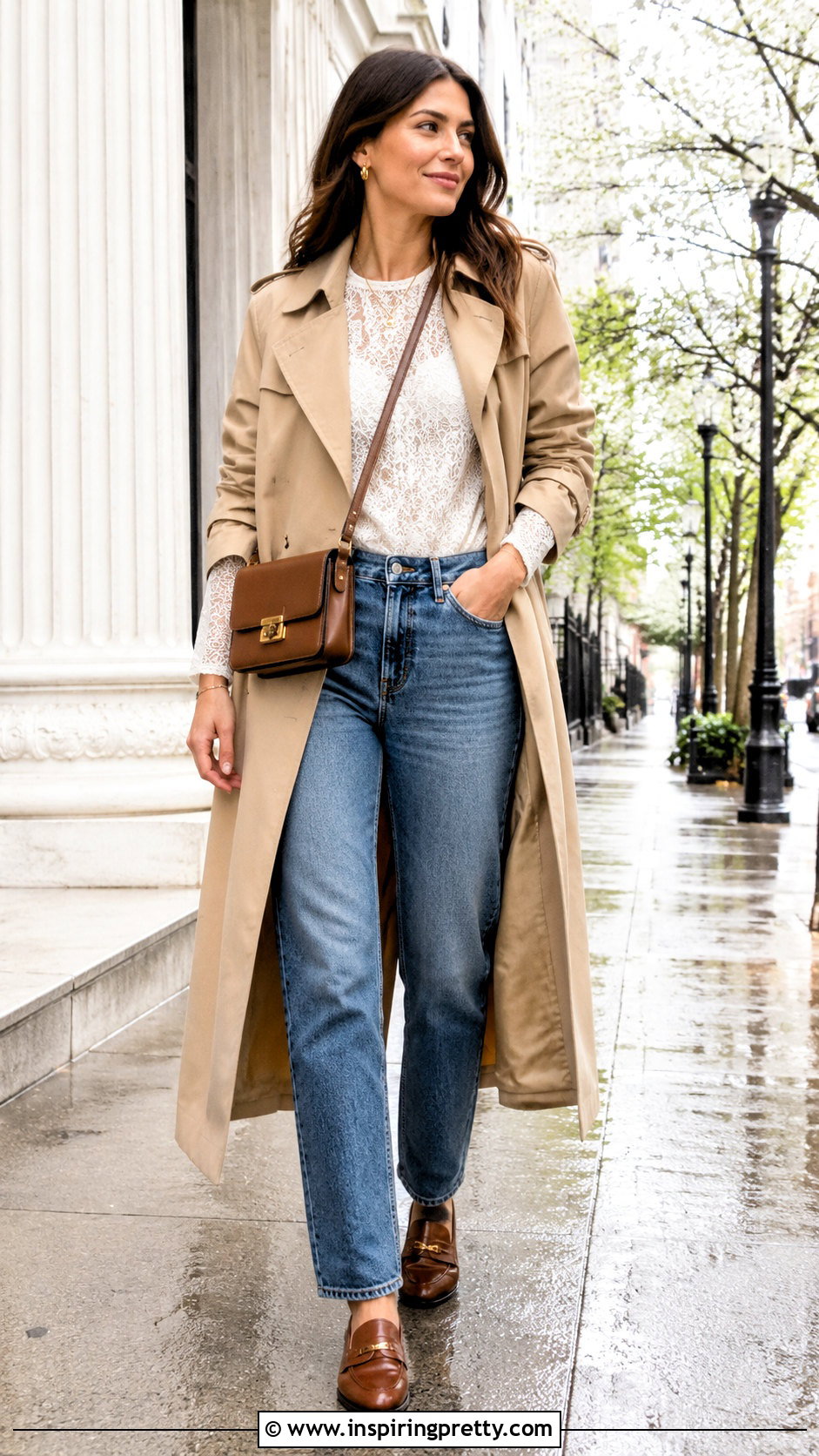 Ivory Lace Long Sleeve Top With Trench Coat And Jeans - 50 lace long sleeve top outfit ideas