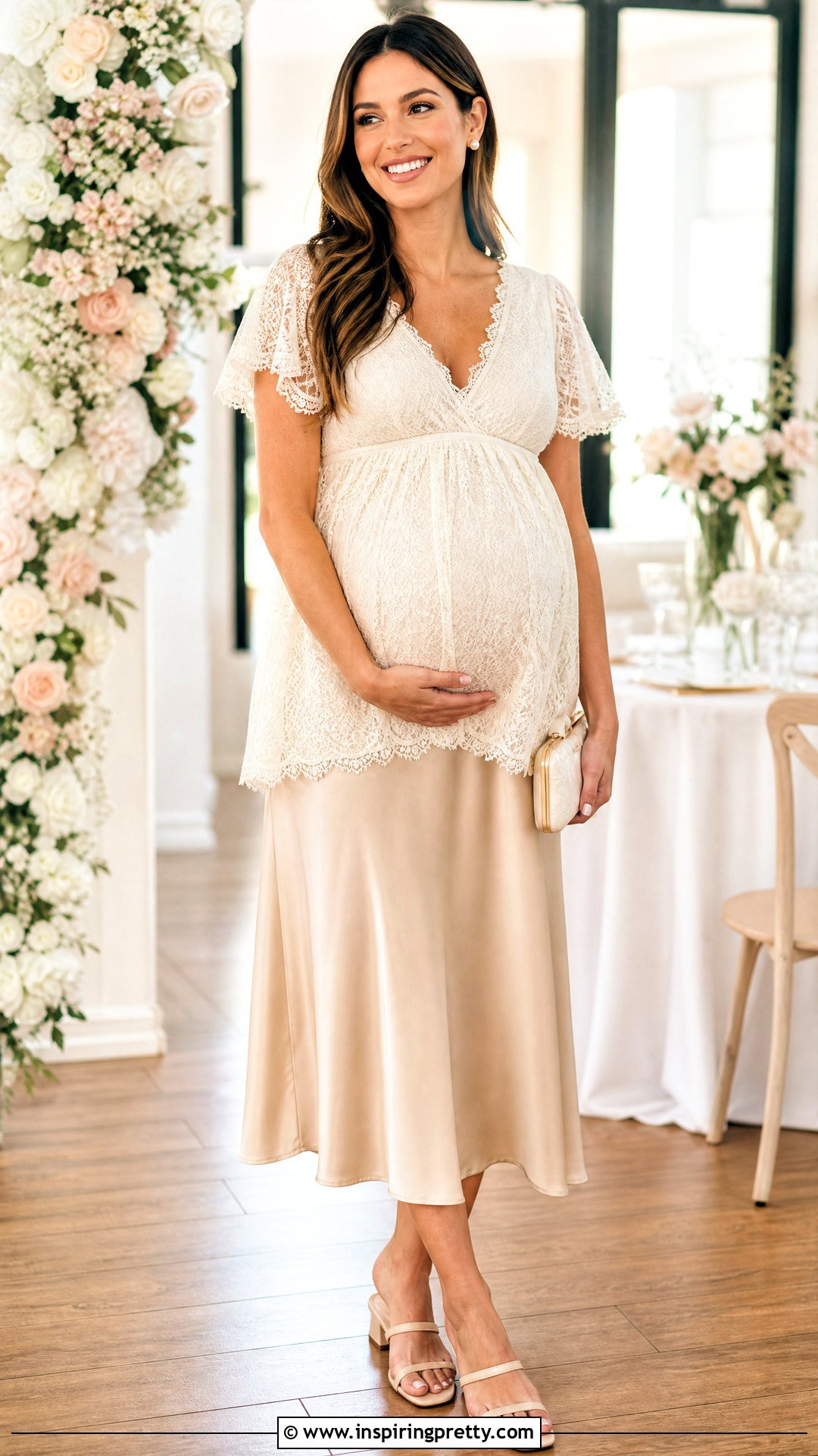 Ivory Lace Maternity Top With Satin Midi Skirt - 20 Lace Maternity Top outfit ideas